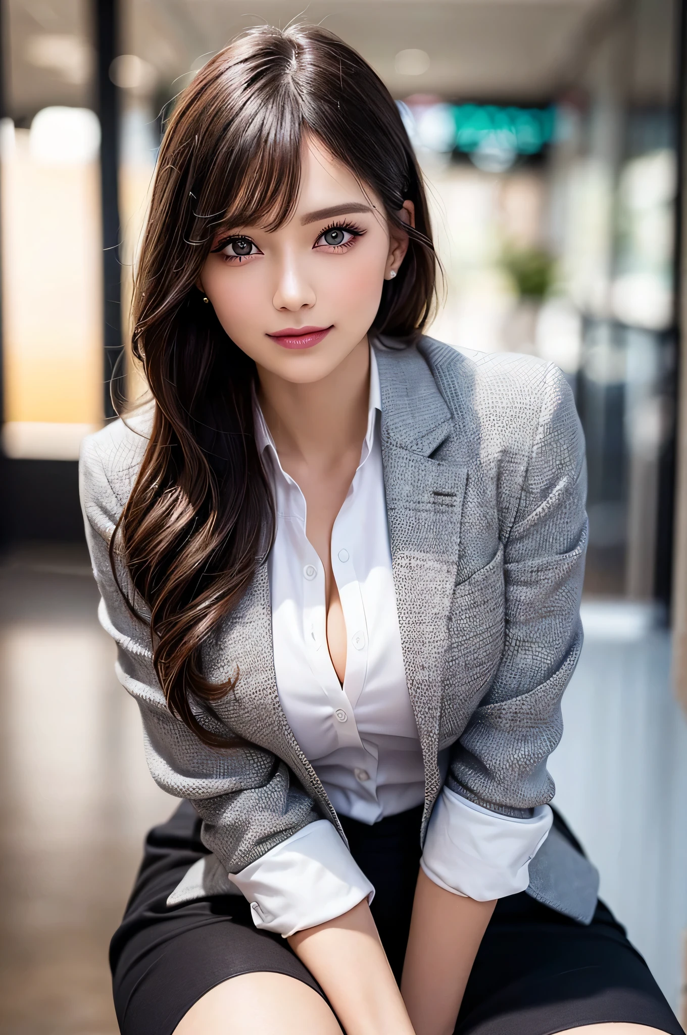 (1woman), Beautiful, Amazing face and eyes, makeup, (extremely detailed beautiful face), seducting smile, (Best Quality:1.4), (Ultra-detailed), (extremely detailed CG unified 8k wallpaper), Highly detailed, raw photos, Professional Photography, (Business Suit, Mini skirt:1.2), (Business shirt with wide open chest), (Spread your legs), (cameltoe:1.3), (view from below:1.2)