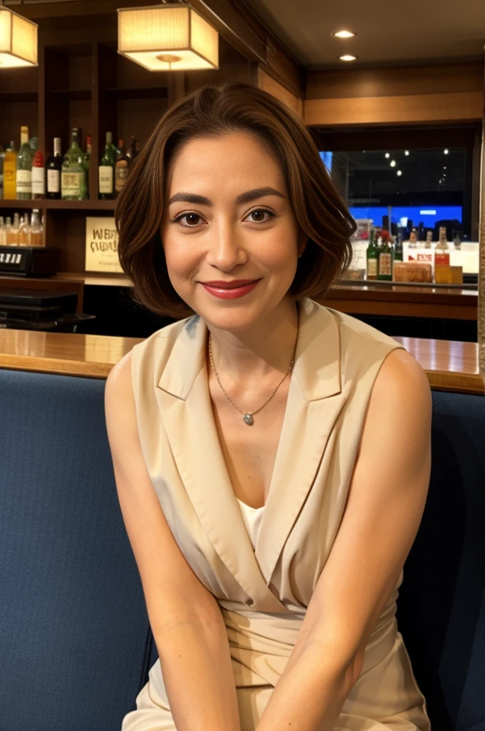 best quality, old woman, sitting, in the bar, with a sofa, ultra realistic photo, bar, smiling, looking at viewer, brown hair, pale skin, wrinkles skin, detailed face, detailed skin, glamorous, dress, piercing, necklace, beauty mark, delicate facial features, curvy, old, japanese, inside, at night, from front, big eyes, cross-legged, two side up, 16K, wide view, wide shot, intense wide shot, extreme wide shot, cowboy shot, hyperrealistic photo, realism, real person, ultra detailed, masterpiece