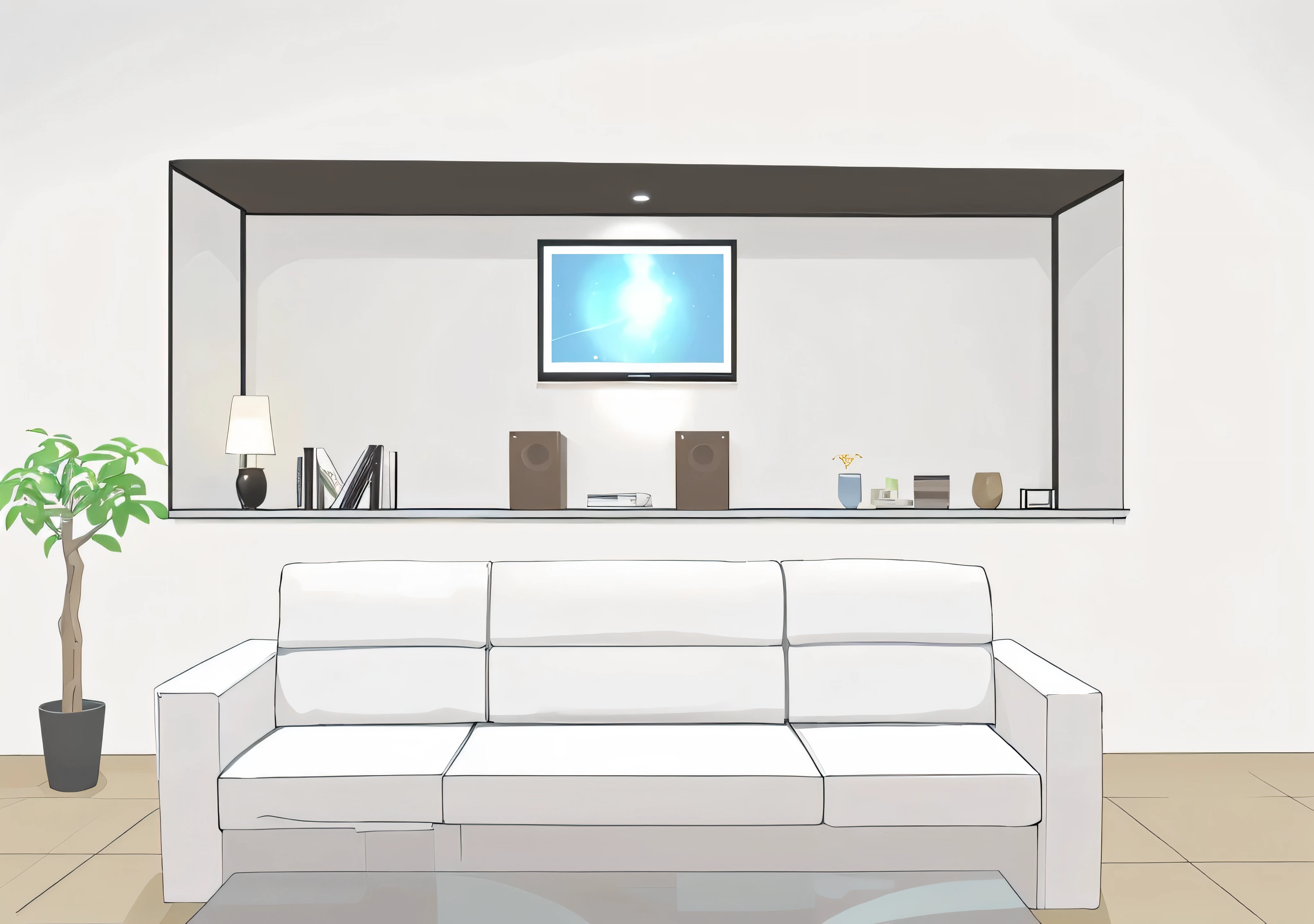 明るいindoor、真っ白なwall、model room、indoor、bright room、night time、sofa、table、wall、CD deck、speakers、Book、light、vase
