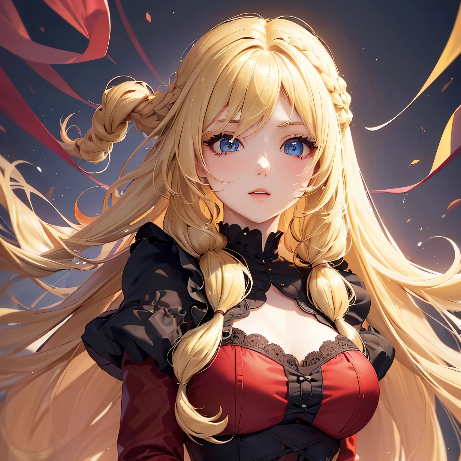 1 girl,Depp's Sense,confused,catch light,Super beautiful illustration,(blonde,long hairstyles:1.6),eye shadow,(Red clothes,Gothic ta),Upper body,;d,beautiful and delicate flowing hair,delicate and detailed blue eyes,emphasized chest,big breasts