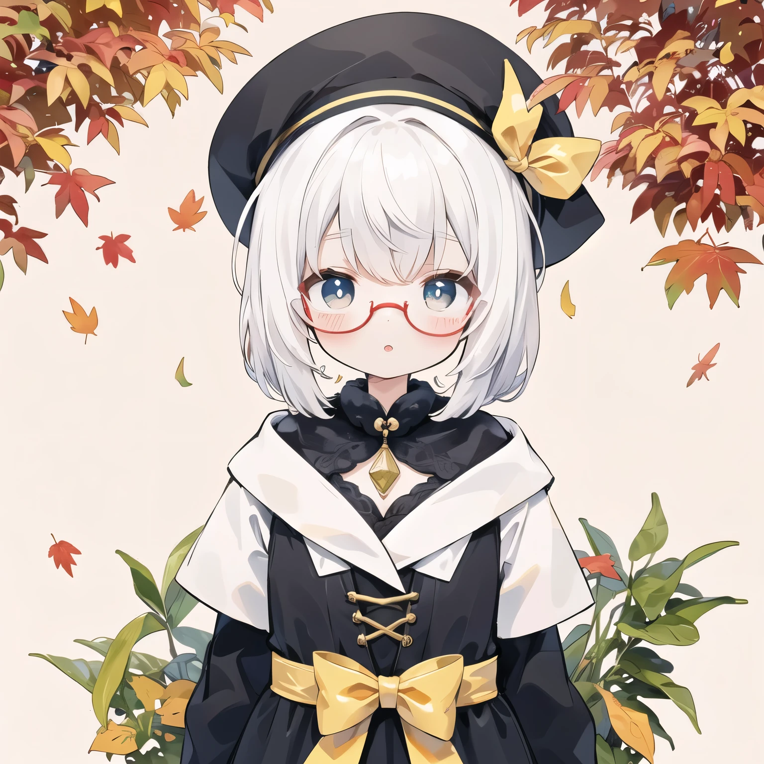 white hair、Gold Glasses、round glasses、Red Hair Ribbon、Tomboy、Kyoton、game character costume、very stylish outfit、cute girl、beret、Autumn foliage background、cute witch、cute eyes、cheerful、shy high-resolution, ultra-detailed, best quality,(パステルカラー:1.3)、(キュートイラスト:1.3)、(水彩画:1.1)、