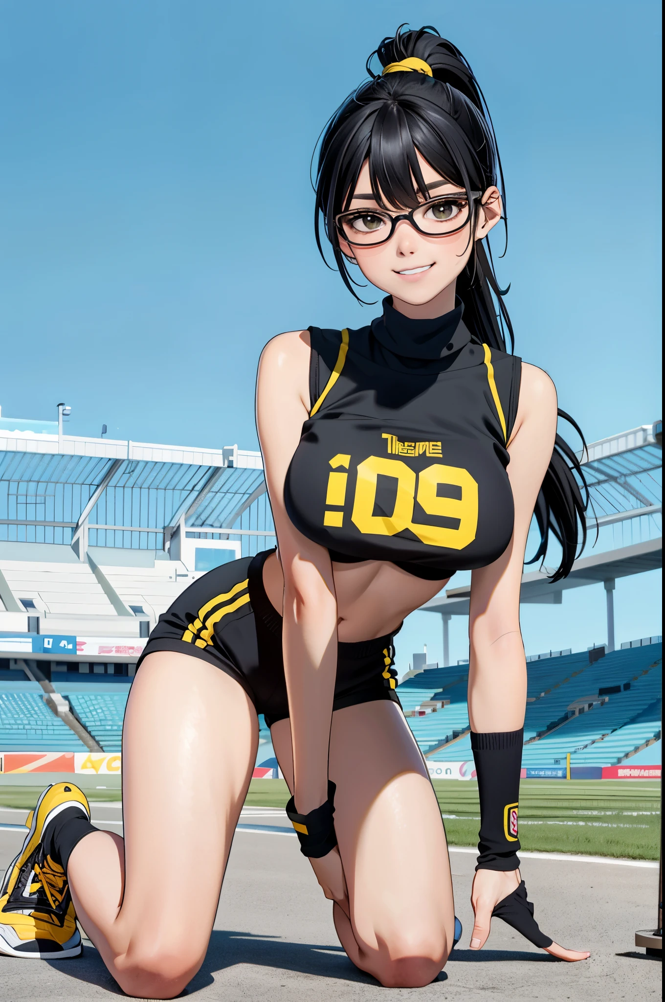 beautiful girl runner, , Prepare to practice running, Lean over to tie your shoelaces........, Black Hair, Ponytail, bangs, Smile a little........, Wear glasses, Hand placed on thigh, ((Wear a sleeveless sports bar........, turtleneck, black and yellow shorts, (underboob))), The stomach has sexy lines........, yellow running shoes, in the stadium stands, anime, high-res