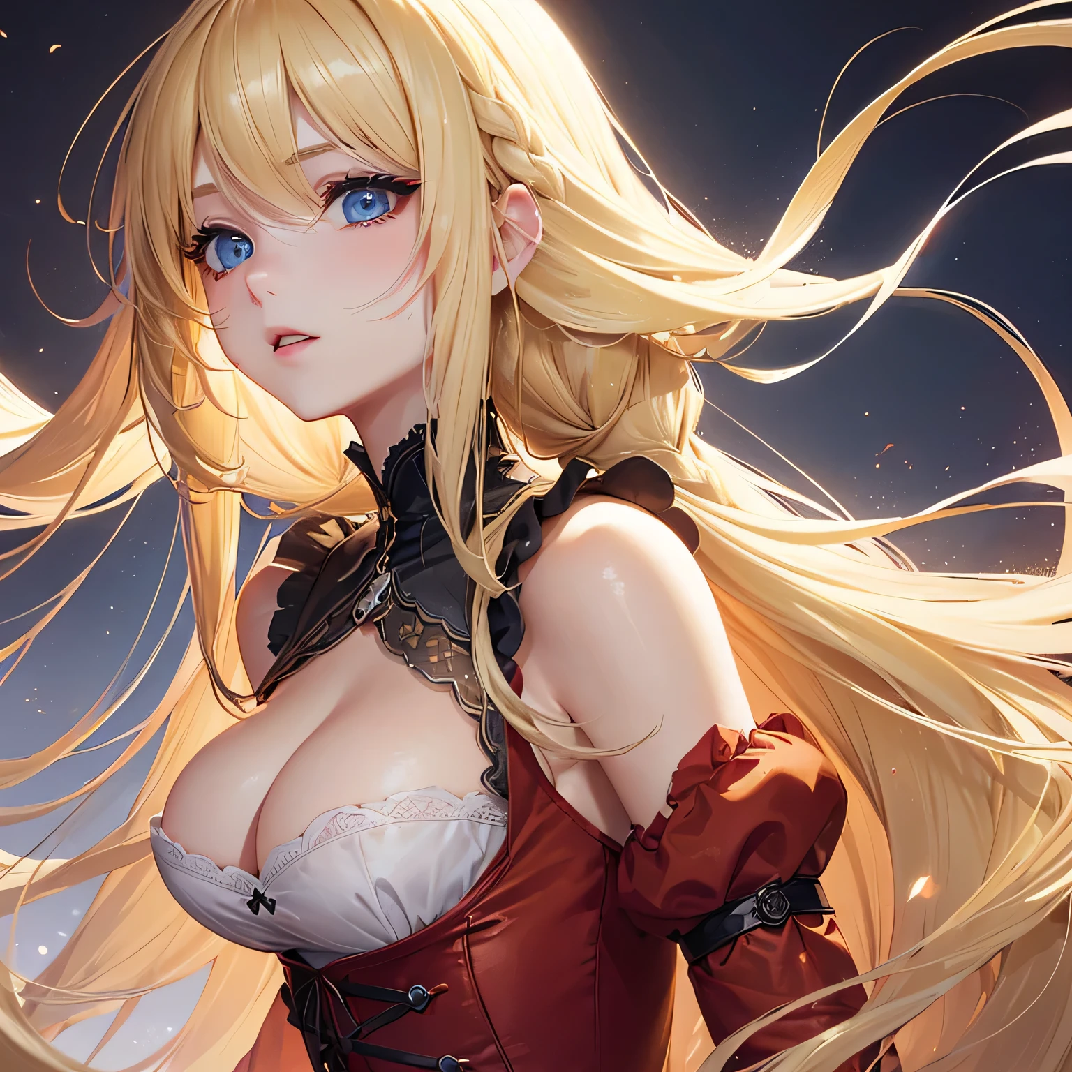 1 girl,Depp's Sense,confused,catch light,Super beautiful illustration,(blonde,long hairstyles:1.6),eye shadow,(Red clothes,Gothic ta),Upper body,;d,beautiful and delicate flowing hair,delicate and detailed blue eyes,emphasized chest,big breasts