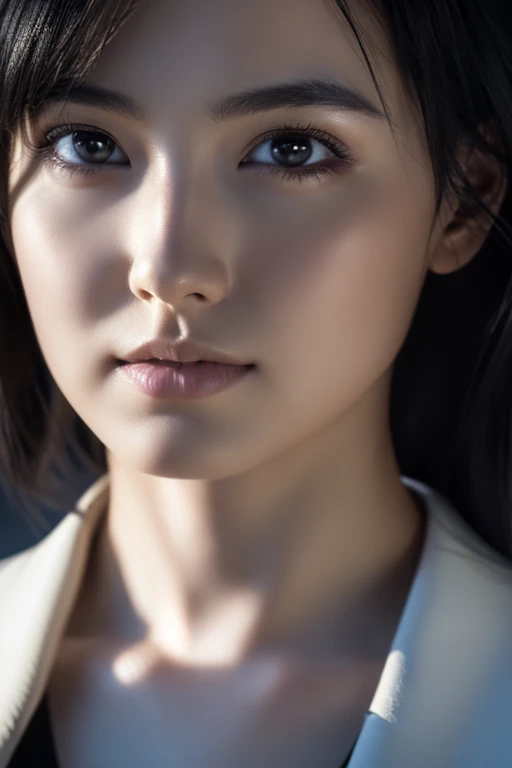 Beautiful girl with realistic black eyes, white skin, medium length black hair, perfect face, perfect eyes, wearing a coat, very detailed, comprehensive movie, digital painting, 8K, cinematic lighting, highest quality, High resolution, detailed work, Post-processing, perfect results, surreal