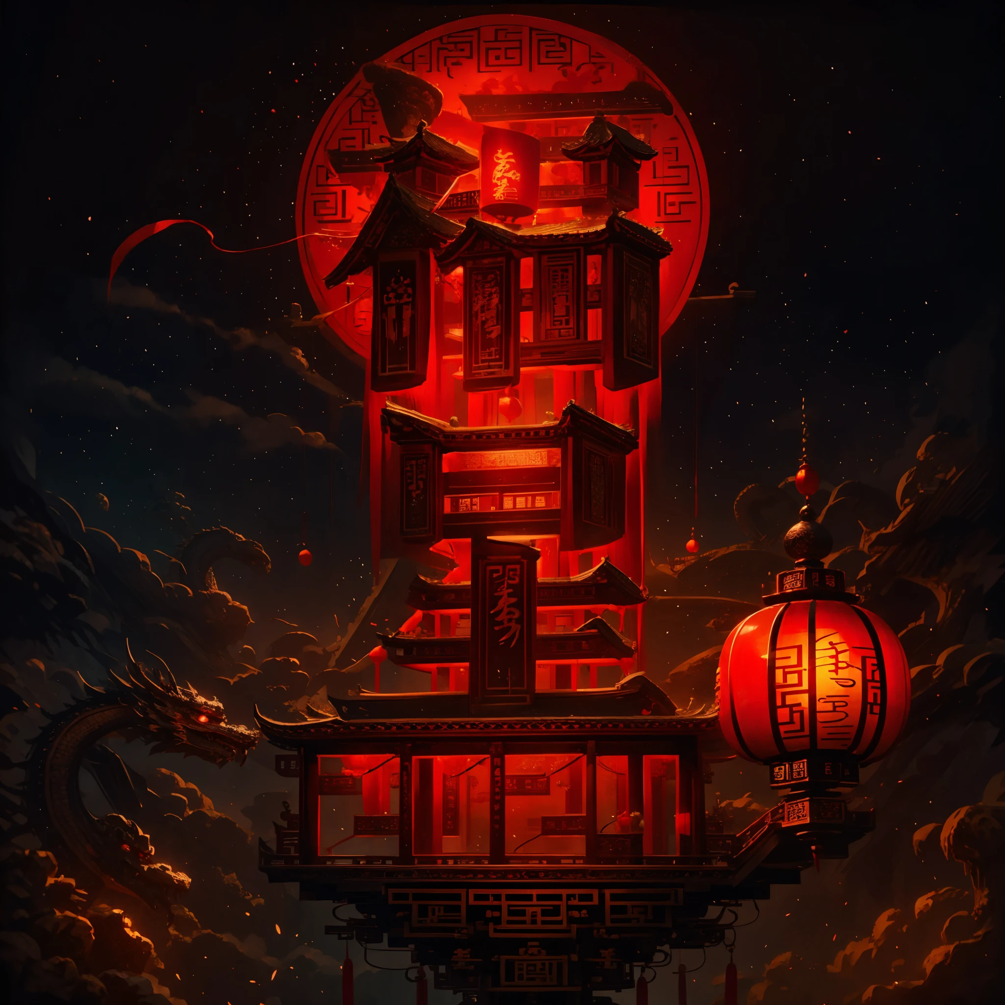 red lantern red lantern,linden trees,a cassock,Chinese style architecture,Chinese motif,totem,tmasterpiece,Rich detail pattern ,tmasterpiece,Best quality at best,ultra - detailed。chinesedragon