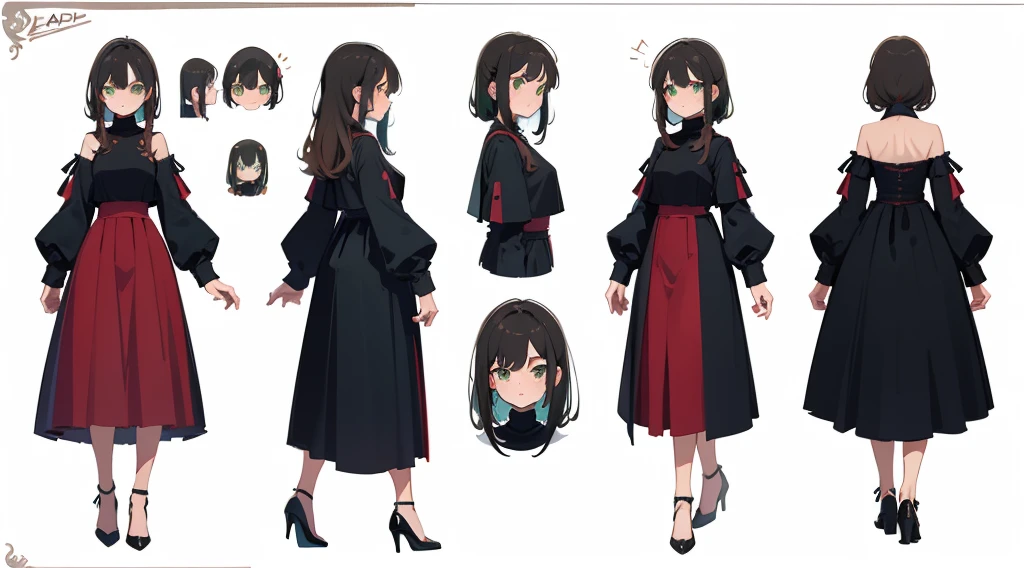 (masterpiece), (highest quality), sharp focus, (character design sheet, same character, Profile side, return, whole body, close), figure, (fine hair, detailed face, Detailed functional structure), ((1  woman, alone)), perfect body shape,  Body size, perfect feminine face, Zitai pose, Detailed design characters, chestnut hair, shoulder-length hair, ((green eyes, Beautiful eye shape)), black turtleneck, red skirt, Black High Heels, (simple returnground, white returnground: 1.3)