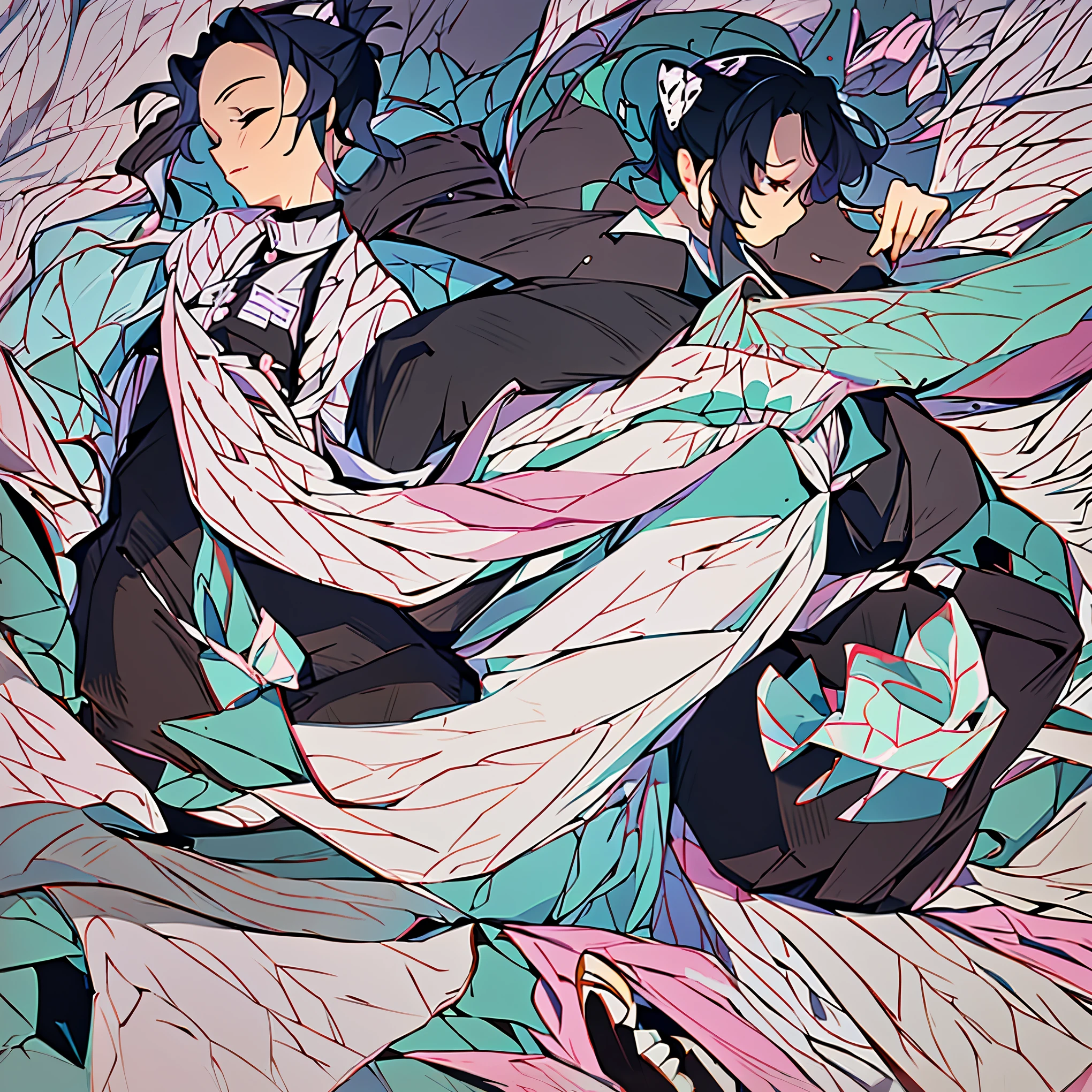 Appearance. Shinobu is regarded as a beautiful,  young woman with a small frame. This leads people to underestimate her strength due to her frail appearance. She has black hair with purple highlighted tips tied back into a "yakai-maki" bun using a butterfly-shaped pin.
Shinobu wears a dark purple standard Demon Slayer uniform with gold buttons, consisting of a dark-purple tinted straight-lined black jacket and matching colored tabi socks and hakama pants, tucked into white butterfly patterned Kyahan fading into pale turquoise then pink around her lower legs, fastened with white ribbons. Over her uniform, she wears a white haori that previously belonged to her older sister, which has a butterfly wing pattern that fades into a pale turquoise then pink color on the sleeves and hem which are cuffed with a black and white dotted trim. She wears white zōri sandals with purple straps for footwear, with a hidden blade in one of the heels