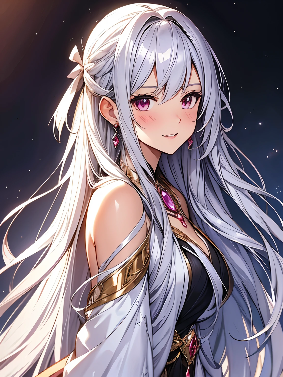 long hair, (crystal earrings:0.7), (blush, smile:0.8), silver hair, (hair strand:0.9), (ribbon:1.1), (parted lips:0.9), (ultra-detailed, highres:1.0), silver hair, (tachi-e:1.1), anime style,(character chart:1.2)