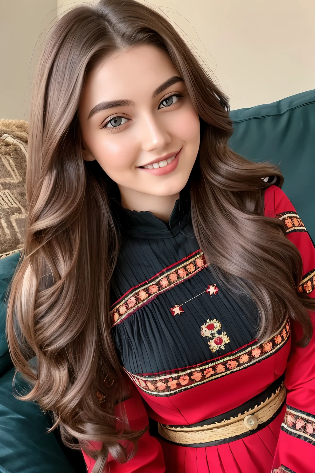 a hyperrealistic woman,   smile,  Long messy light brown hair,  brown eyes,  pale skin,  photorealistic. instagram influencer,  20-year-old woman,  model,  black hair,  happy look,  curvy figure,  slim waist full body, in Sanaani traditional attire with red and black pattersn, in Sanaani Abaya , putting on modern Hijab,  bare shoulders, no make up