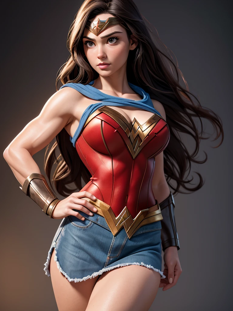 Best quality, masterpiece, ultra high res, (photorealistic:1.37), raw photo, 1girl, 30 years old. solo, Wonder Woman shirtlift