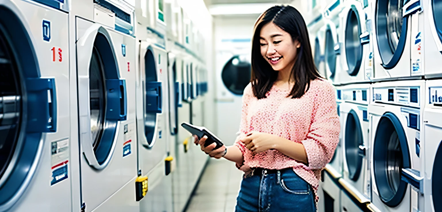 Beautiful asian girl standing on the left of the photo, casual clothing, holding a phone and looking to it, smiling, laundry background with washing machine