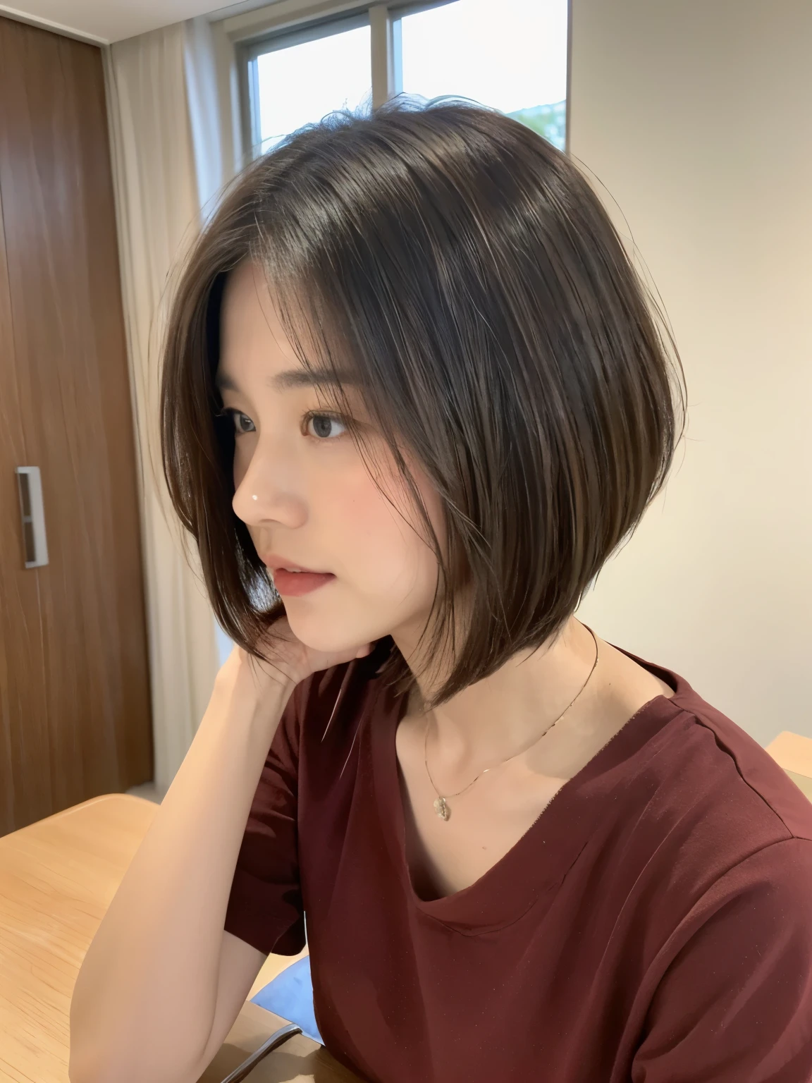 (Layered Haircut:1.2))、short wavy hair、8 thousand、(raw photo)、(top quality)、(フォトrealistic인:1.4)realistic to the touch realistic、(4Khigh-level image quality:1.2)、(high resolution, table top, top qualityの, high detail, official: 1.4), (realistic: 1.2, ハイパーrealistic인: 1.1, フォトrealistic인です: 1.37), depth of field, (Detailed description of hair), (Detailed description of the face), unparalleled beauty,, (20 years old,: 1.4)、Very energetic、red walls、Taken in front of the huge door、(窓のあるwhite wallsの部屋)、natural and soft light、Short hair、beaverhair、realistic인、high-level image quality、high quality、profile、varied pose、profile、beaver、Random pose、Summer clothes、simple necklace