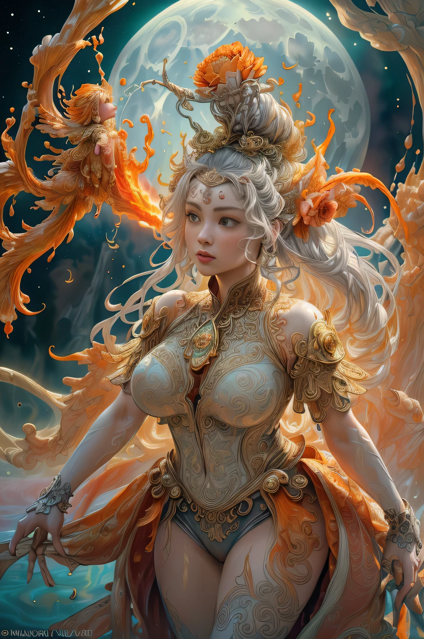 (8k, RAW Photo, Best Quality, Masterpiece: 1), (Photoreal: 1.2), Sharp Focus, Jupiter, Splash Art, (Close-up Liquid Luminous Moon Lady Made of Color), Beautiful Face, Detailed and Perfect face, ((silver, red, orange, light yellow, gray golden, liquid fire peony flower, filigree, filigree details, swirling flame, galaxy, color drop, color wave, moonlight, colorful paint splash style, highly detailed and intricate, unreal engine, fantastic, intricate details, splash screen, complementary colors, fantasy, concept art, 8k resolution, masterpiece, oil painting, heavy strokes, paint dripping, splash art, fantasy art , concept art, Perfect composition centered, complex pose, intricate design,)),