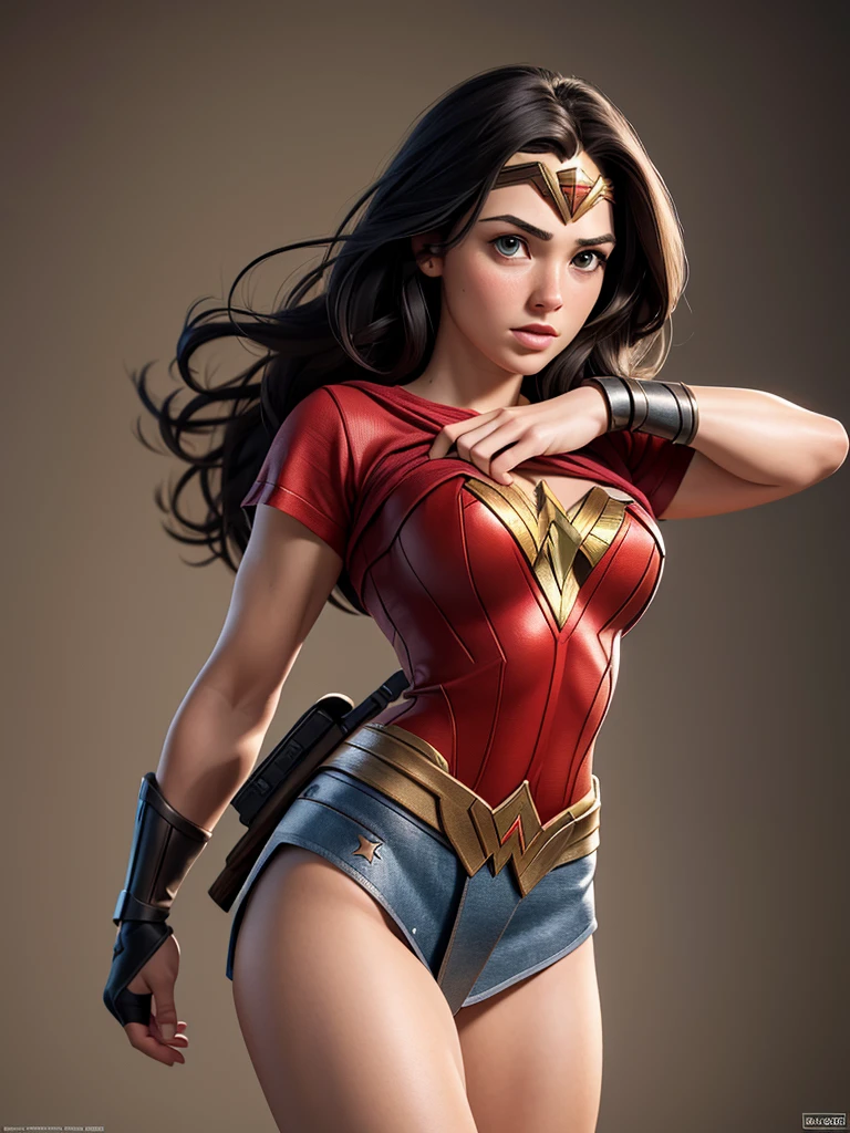 Best quality, masterpiece, ultra high res, (photorealistic:1.37), raw photo, 1girl, 30 years old. solo, Wonder Woman shirtlift