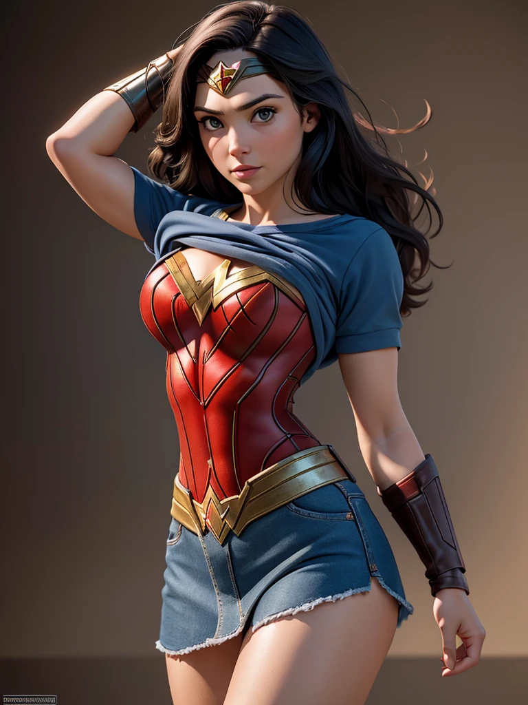 Best quality, masterpiece, ultra high res, (photorealistic:1.37), raw photo, 1girl, 30 years old. solo, Wonder Woman shirtlift