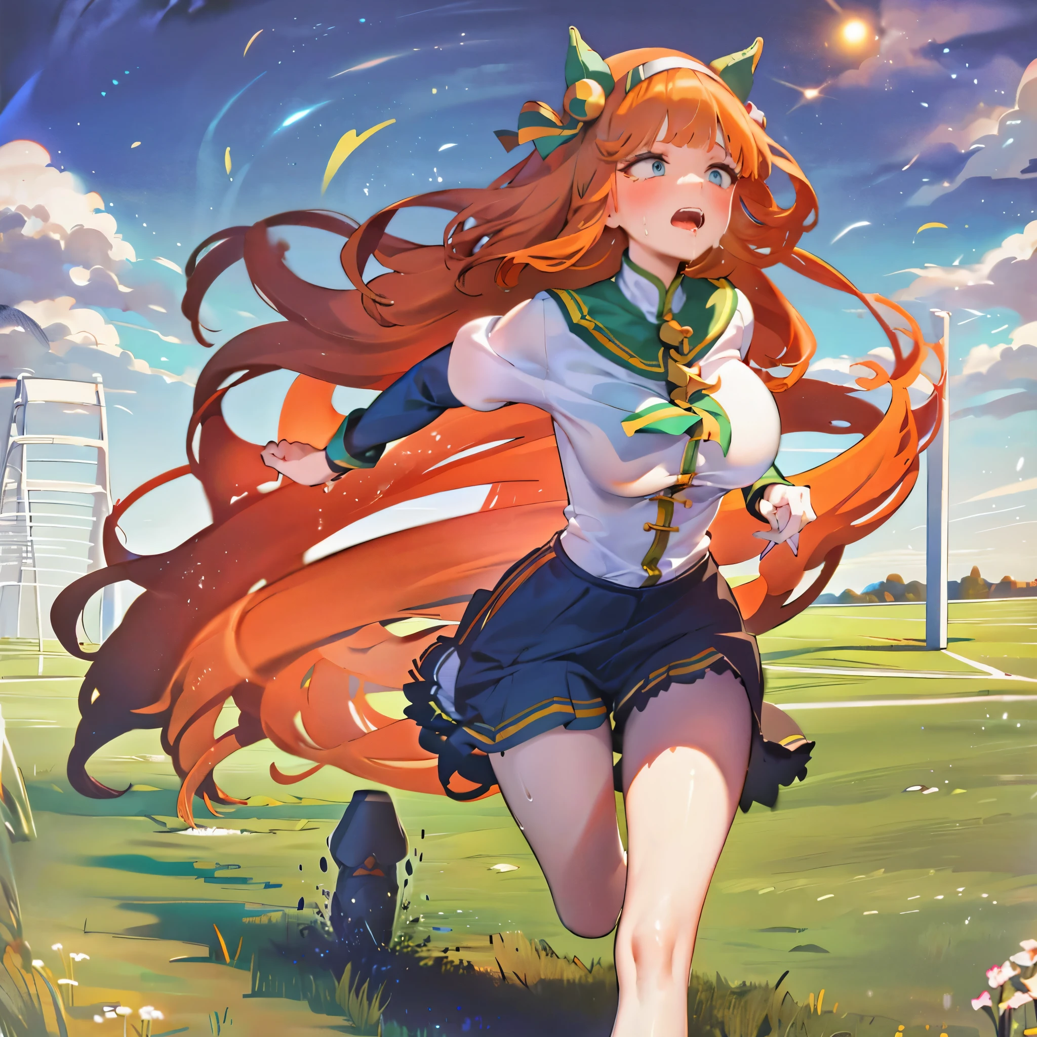 solo 1 girl (running at grass field), landscape, (too short miniskirt:1.25), (huge perky breasts:1.35), (bouncing breasts), short torso, inconceivably thin waist, miniskirt lifted by wind, (thin long legs), nose blush, open mouth widely, (nsfw:1.1), heavy breathing, (orgasm:1.6), pussy juice trail, (screaming:1.1)