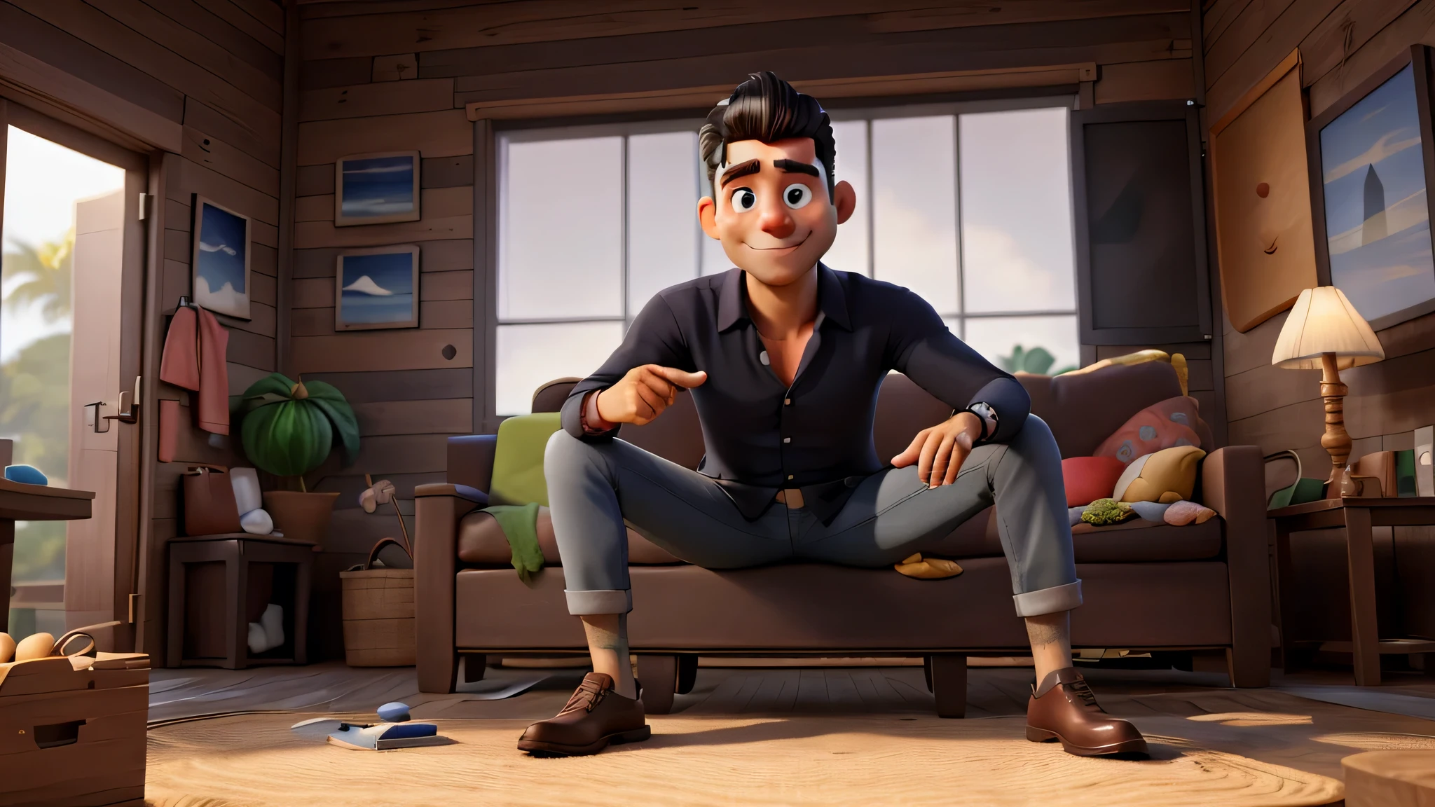 Poster no estilo Disney pixar, alta qualidade, melhor qualidade, homem sexy branco, 30 anos cabelo grisalho barba preta, musculoso, com fundo em um restaurante a luz de velas