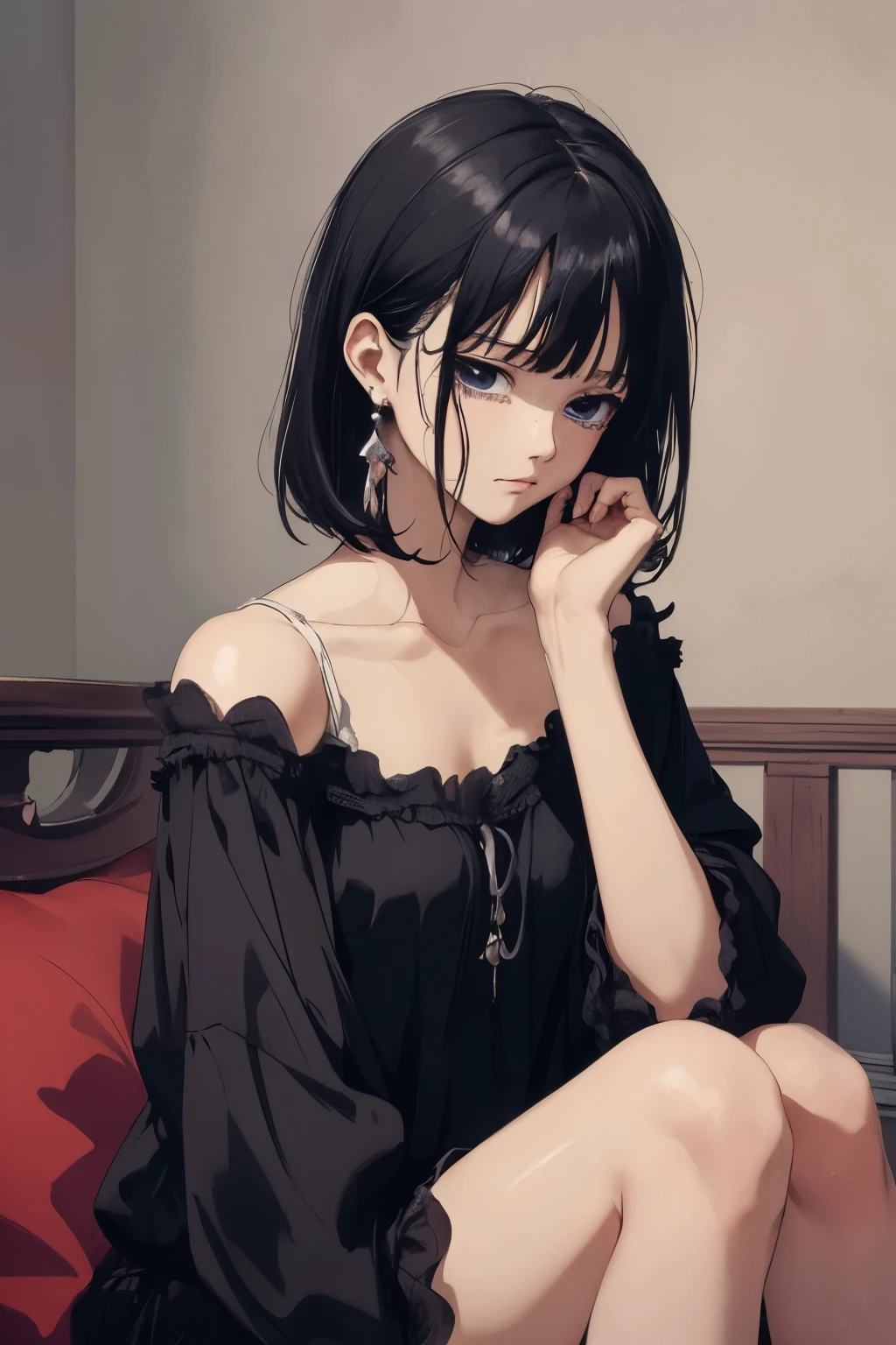 ((highest quality)), ((masterpiece)), (be familiar with), perfect face sad Are crying girl dark room one piece tears sitting down looking down Anxious face Crying black hair