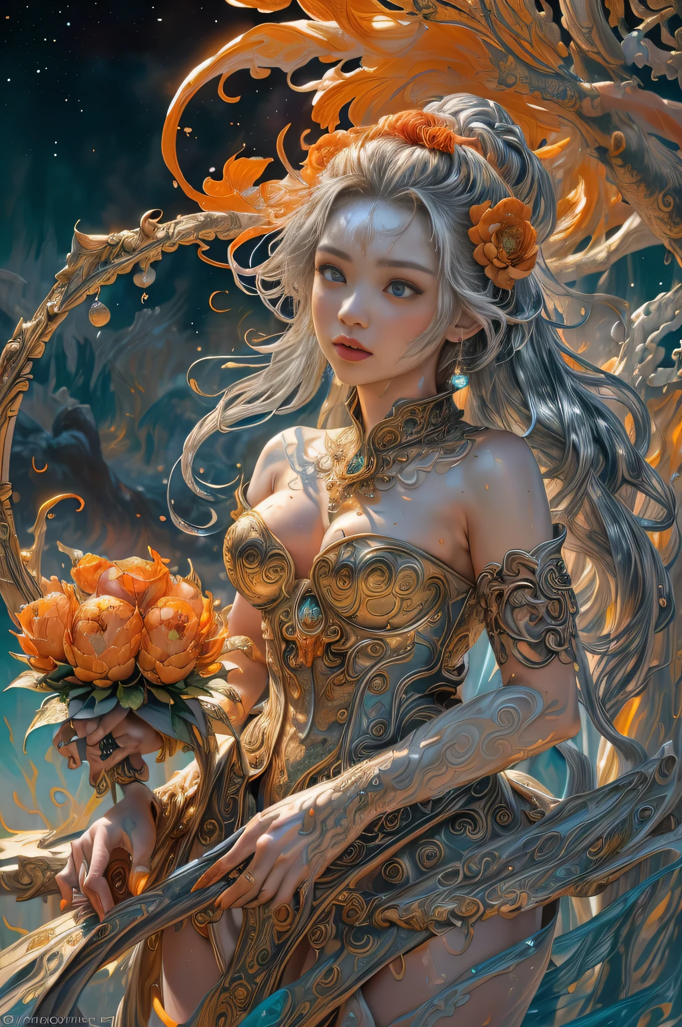 (8k, RAW Photo, Best Quality, Masterpiece: 1), (Photoreal: 1.2), Sharp Focus, Jupiter, Splash Art, (Close-up Liquid Luminous Moon Lady Made of Color), Beautiful Face, Detailed and Perfect face, ((silver, red, orange, light yellow, gray golden, liquid fire peony flower, filigree, filigree details, swirling flame, galaxy, color drop, color wave, moonlight, colorful paint splash style, highly detailed and intricate, unreal engine, fantastic, intricate details, splash screen, complementary colors, fantasy, concept art, 8k resolution, masterpiece, oil painting, heavy strokes, paint dripping, splash art, fantasy art , concept art, Perfect composition centered, complex pose, intricate design,)),