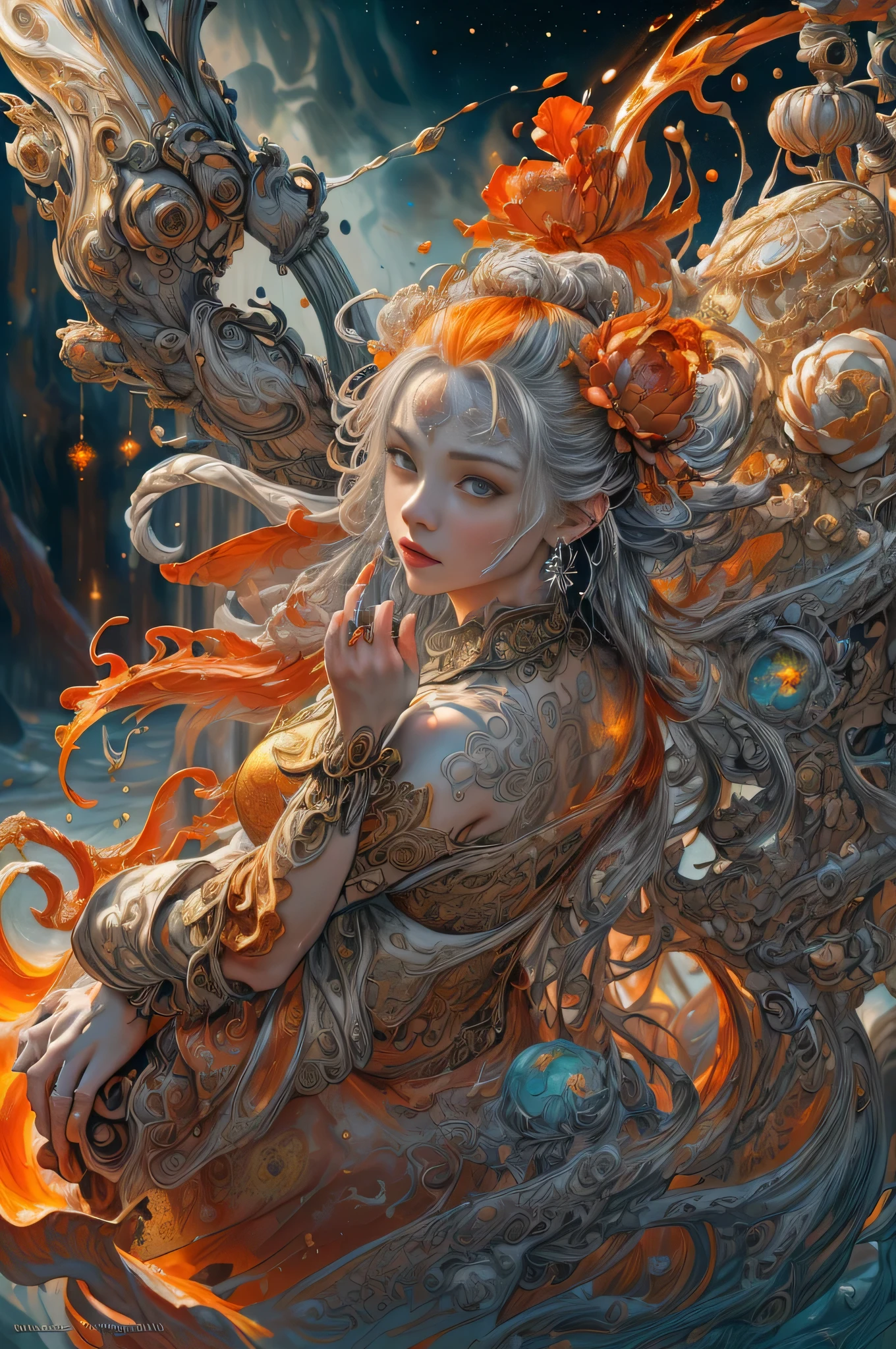 (8k, RAW Photo, Best Quality, Masterpiece: 1), (Photoreal: 1.2), Sharp Focus, Jupiter, Splash Art, (Close-up Liquid Luminous Moon Lady Made of Color), Beautiful Face, Detailed and Perfect face, ((silver, red, orange, light yellow, gray golden, liquid fire peony flower, filigree, filigree details, swirling flame, galaxy, color drop, color wave, moonlight, colorful paint splash style, highly detailed and intricate, unreal engine, fantastic, intricate details, splash screen, complementary colors, fantasy, concept art, 8k resolution, masterpiece, oil painting, heavy strokes, paint dripping, splash art, fantasy art , concept art, Perfect composition centered, complex pose, intricate design,)),