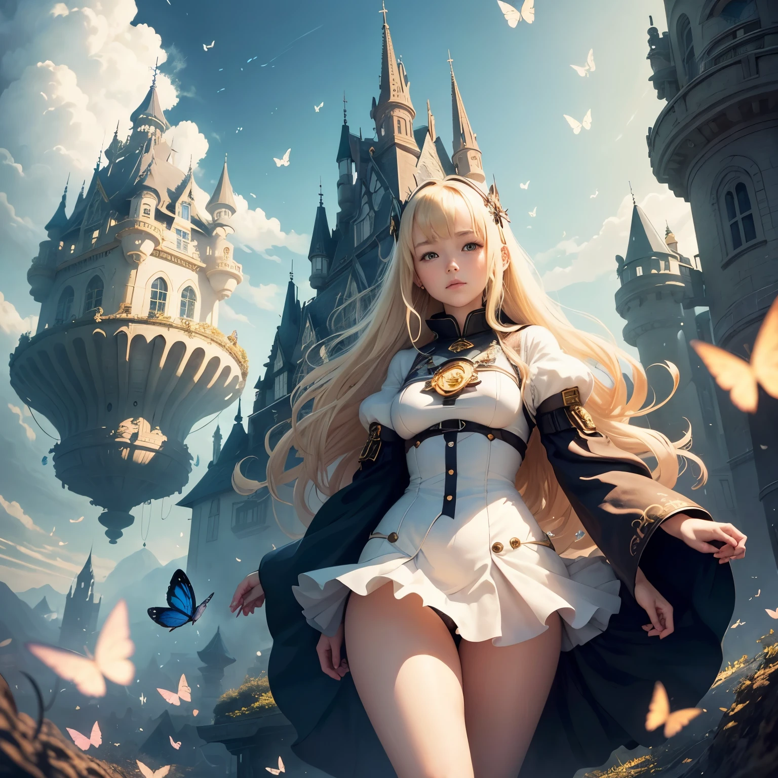 Anne Anderson, Mokona, Surreal, mysterious, strange, fantastical, fantasy, Sci-fi, Japanese anime, airship being towed by a swarm of butterflies, walking castle, distant mountains, beautiful blonde miniskirt girl Alice, perfect voluminous body, detailed masterpiece