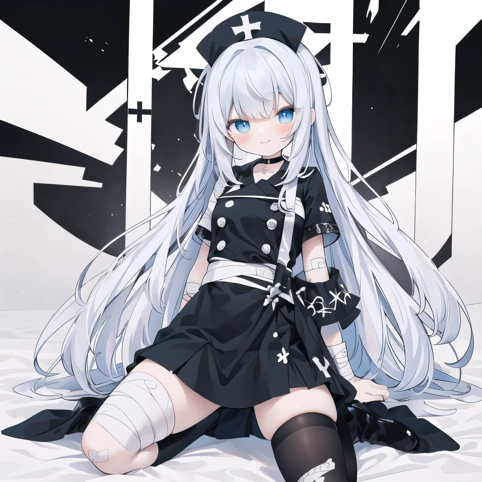 BREAK (black theme:1.5), (all black:1.5), ((gothic ta, black nurse costume):1.3), (black (nurse cap, sling) with cross-symbol print on head:1.5), (fusion of (short sleeve black collared-shirt with double-breasted) and black mini wrap-skirt:1.4), (collarbone:1.4), (double-breasted:1.4), (black choker with cross:1.3), ((intricately embroidered black lace, black ruffle trim):1.3), (black platform high boots:1.2),smile.
BREAK (white and black theme:1.2), (white cross-symbol:1.3), (wrap white bandages around arms and legs:1.4), (white button:1.2), high-resolution, ultra-detailed, best quality,(パステルカラー:1.3)、(キュートイラスト:1.3)、(水彩画:1.1)、