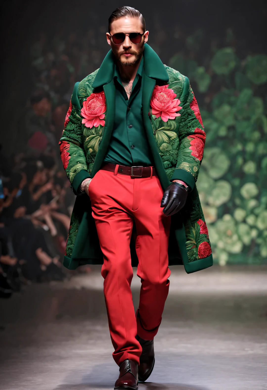 On the fashion show, Tom Hardy, Tall fit male model, (Wearing a thick cotton coat made of red and green peony cloth: 1.34), (Extra long cotton military coat: 0.65), Has warmth、Windproof cotton coat, peony flower, Leaves, Embroidery with Suzhou red and green peony pattern as the theme, (Tan fur coat collar), (tibetan shaman jewelry), complex mixed styles, (Gentlemanly manners), Embroidered Su Embroidery Big Red Parka Snow Coat, (exceed) coat jacket, (big duckbill hat), (Black Sweater), jeans, (winter scarf warm scarf), gloves gloves, belt, Cotton boots, sunglasses, Combat boots, sports shoes, big photography, background: Indoor T-shaped track, T-shaped platform, (snow), depth of field, Ultra-clear, super high quality,