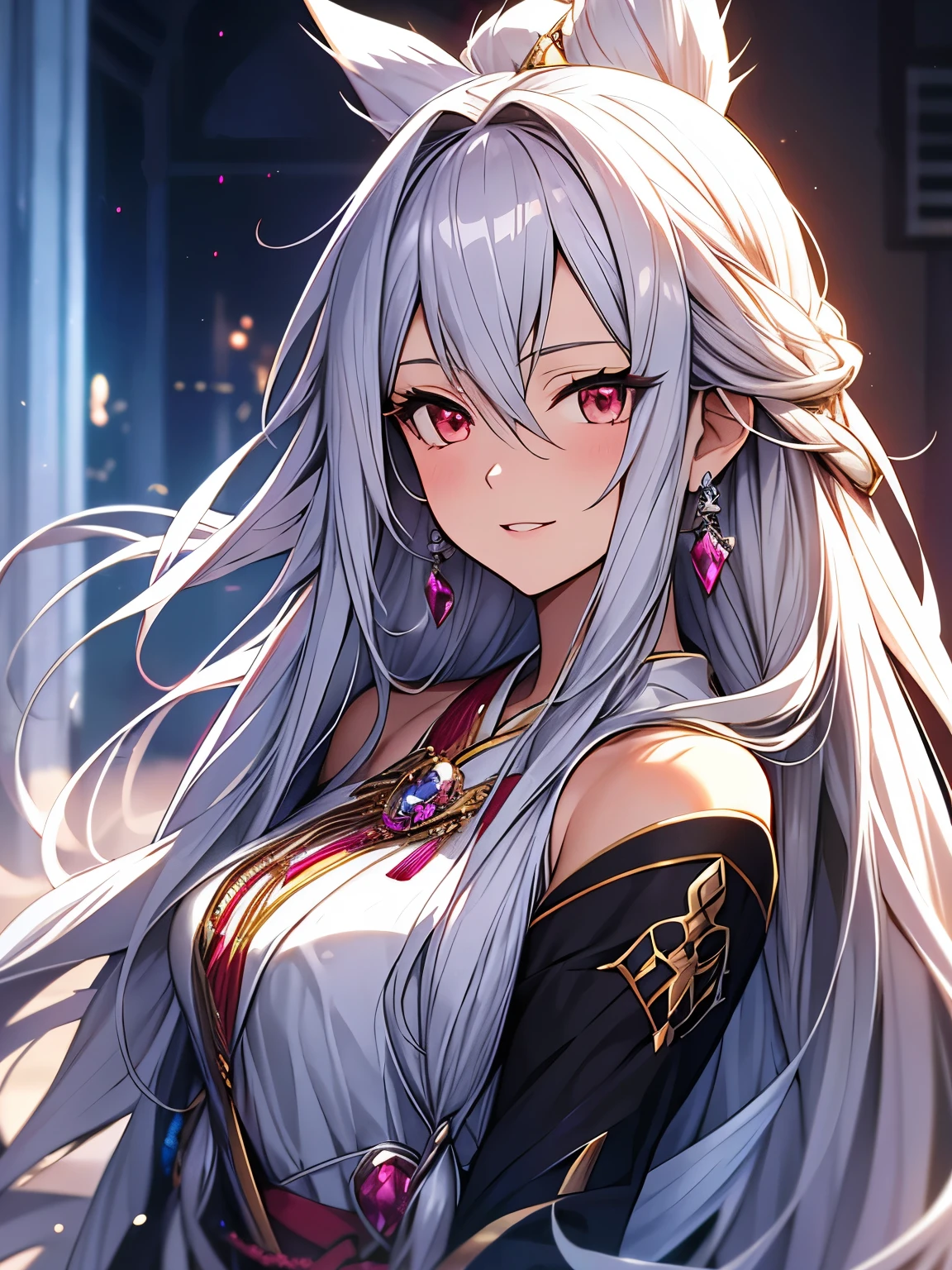 long hair, (crystal earrings:0.7), (blush, smile:0.8), silver hair, (hair strand:0.9), (ribbon:1.1), (parted lips:0.9), (ultra-detailed, highres:1.0), silver hair, (tachi-e:1.2), anime style,(character chart:1.1)