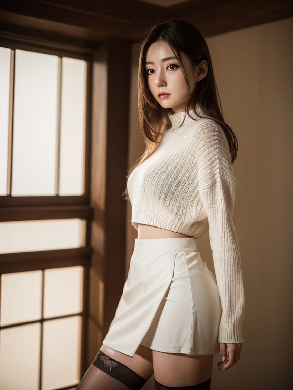 (RAW photo) girl in blouse and skirt, and long stockings, (medium breasts), medium long hair, white underwear, random color, long sweater, Depth of bounds written, real light, ray tracing, OC renderer, UE5 renderer, surreal, best quality, 8K, ((fine hands)), correct anatomy.