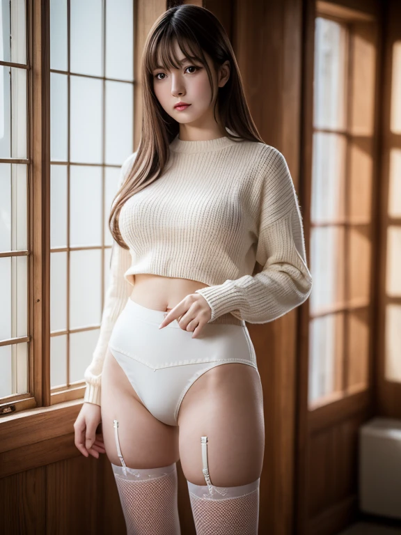 (RAW photo) girl in blouse and skirt, and long stockings, (medium breasts), medium long hair, white underwear, random color, long sweater, Depth of bounds written, real light, ray tracing, OC renderer, UE5 renderer, surreal, best quality, 8K, ((fine hands)), correct anatomy.