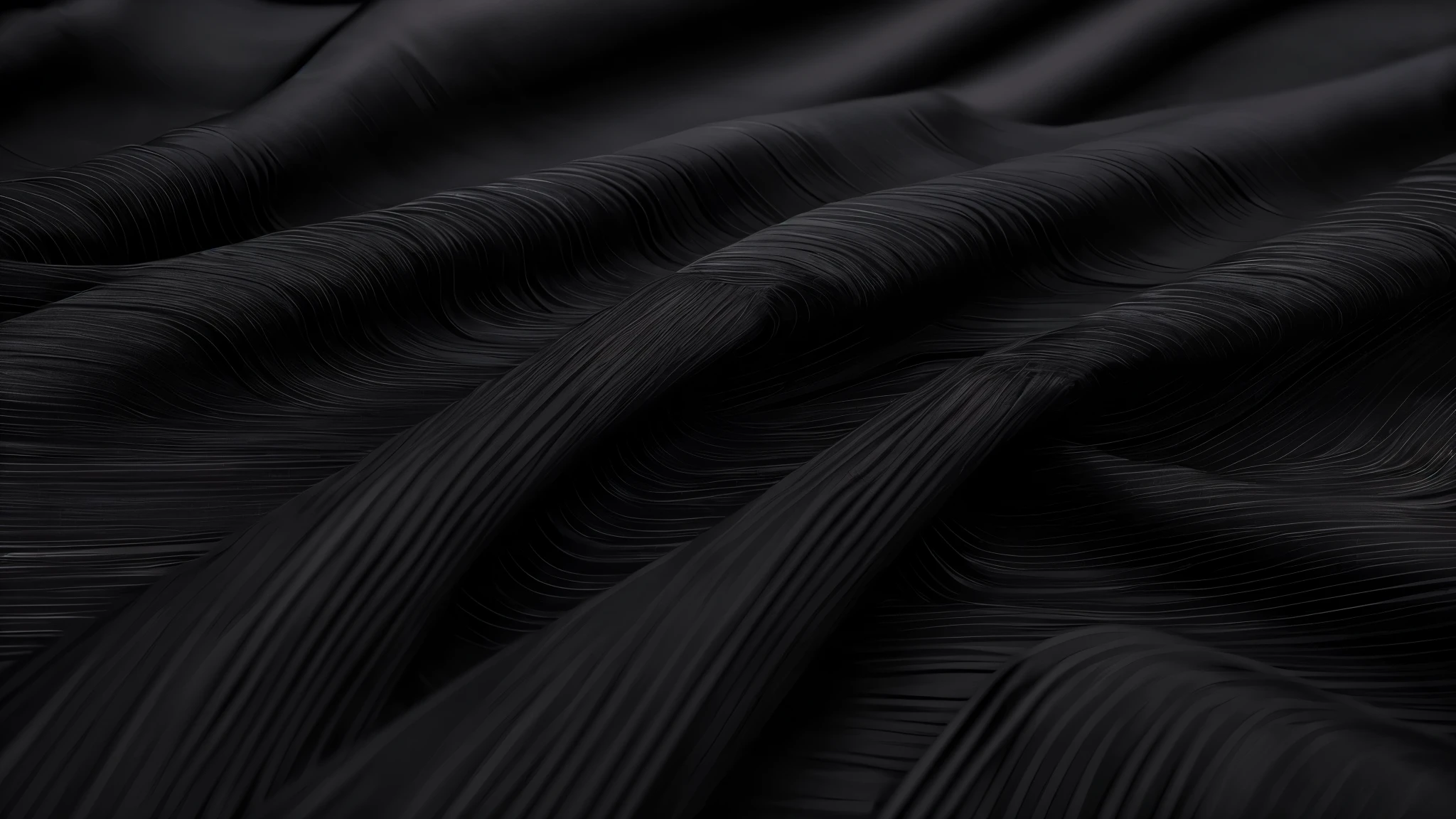 a close up of a black strip of flowing fabric, (((beautiful black strip of flowing silk fabric simulation flowing in the wind with beautiful lighting in a black background))), highly detail. octane render, octane render sharp focus, smooth render, rendered in houdini, smooth surface render, sharp edges. octane render, silk flowing in wind, houdini fluid simulation, flowing realistic fabric, exquisite and smooth detail, (((black background)))