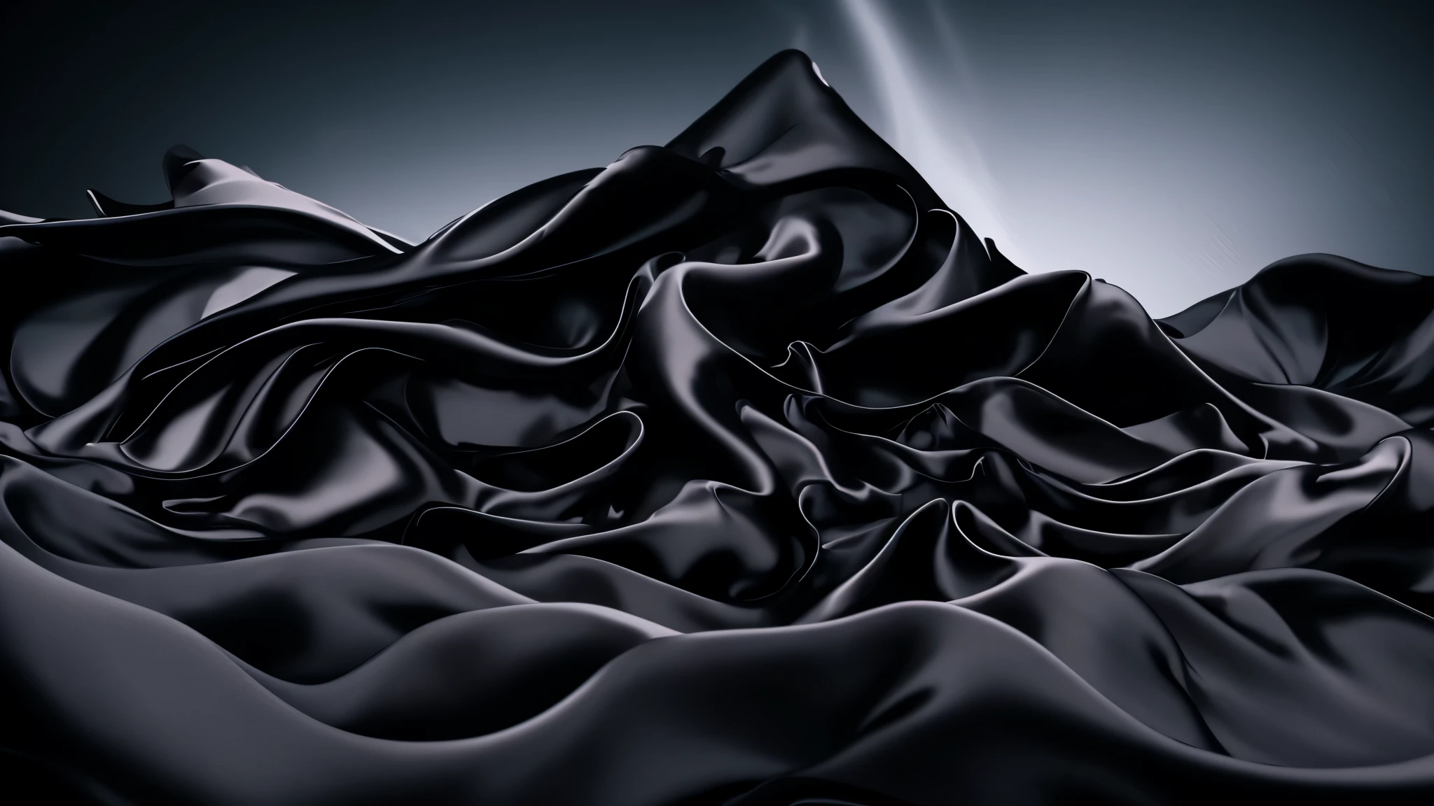 a close up of a black flowing fabric, (((beautiful black silk fabric simulation flowing in the wind with beautiful lighting in a black background))), highly detail. octane render, octane render sharp focus, smooth render, rendered in houdini, smooth surface render, sharp edges. octane render, silk flowing in wind, houdini fluid simulation, flowing realistic fabric, exquisite and smooth detail, (((black background)))