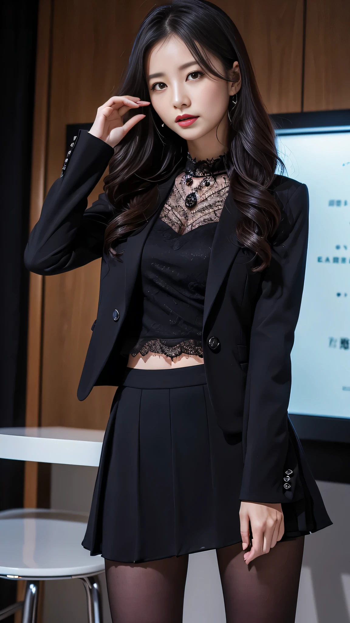 Super detailed、Japanese、charming beauty、Dainty woman、sharp eyes、cool girl、wavy hair、suit、Black chiffon dress、Jacket、blouse、Tight Skirt、black pantyhose、evil female executive、evil depravity、brainwashing、Mind control、lacy fabric、Shiny legs、lipstick、have lip gloss、grin、邪evilなな表情、evil、empty eyes、邪evilな、in the darkroom、lean back,seductive pose、meanwhile、