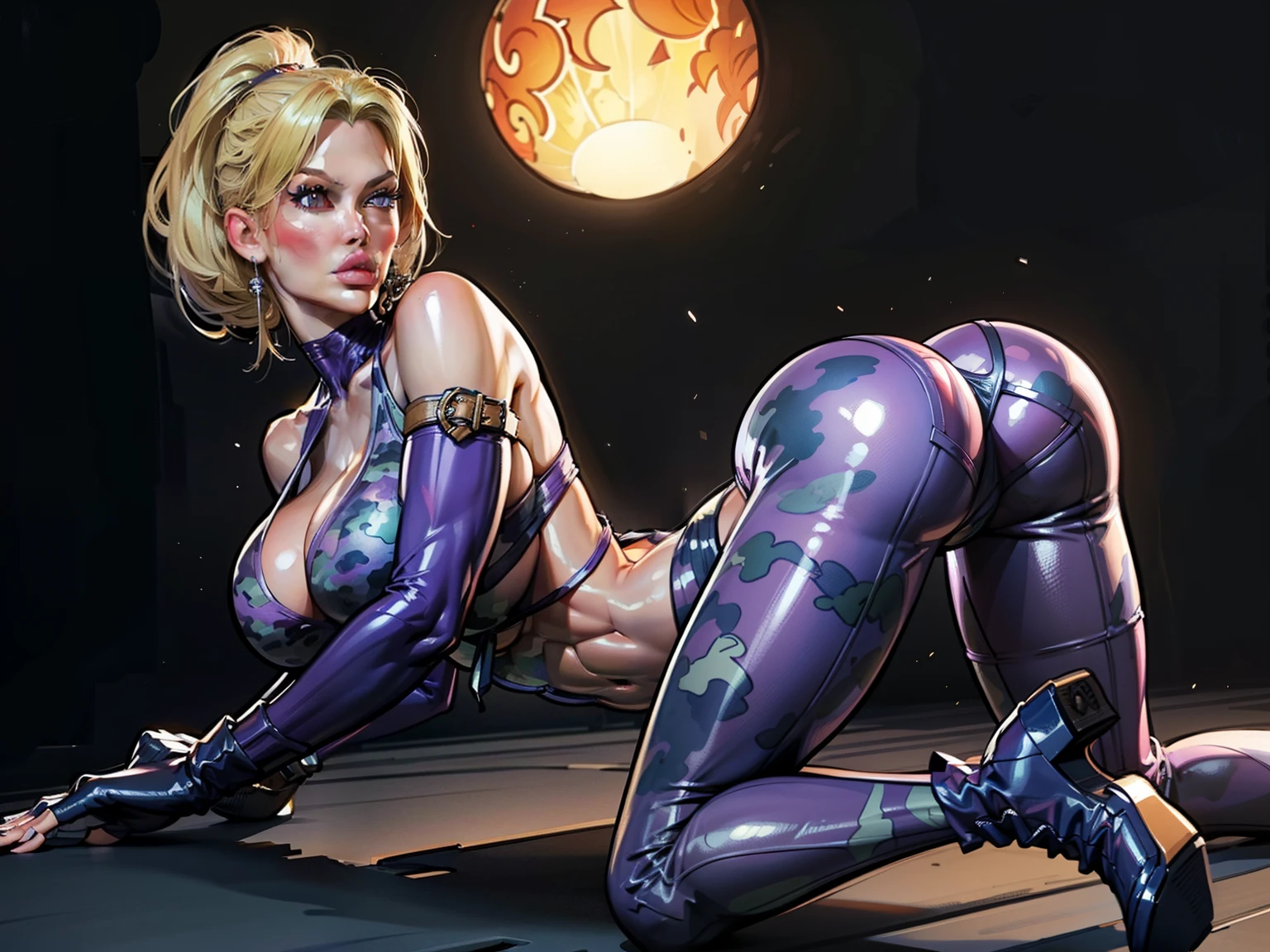 Generate an illustration of a mature Nina Williams, 1girl, looking slightly to the side, laying on knees, view from behind, perfect ass, ((Tekken)), blonde hair , (aletta ocean face), de terno preto, (bikini:1.3), ponytail hair, (large breasts:1.4), in anime format with a serious style, (purple camo bodysuit), ((purple bodysuit)), boots, gothic make up, masterpiece, ((dark lighting)), black background, (puffy lips),((slendered abs)), beautiful face,