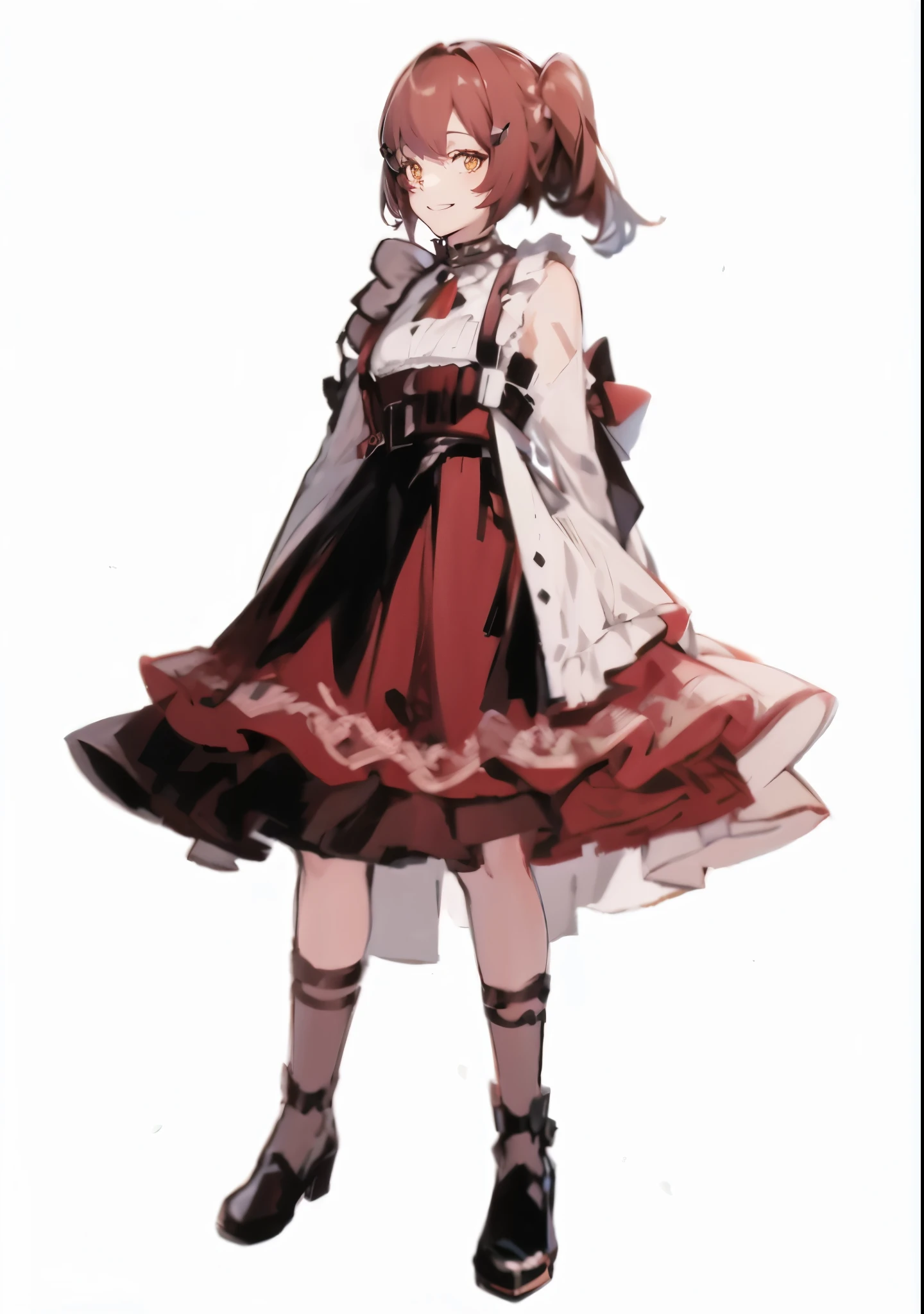 Arknights style，Red ****ta dress，Smiling girl，standing posture，full body portrait