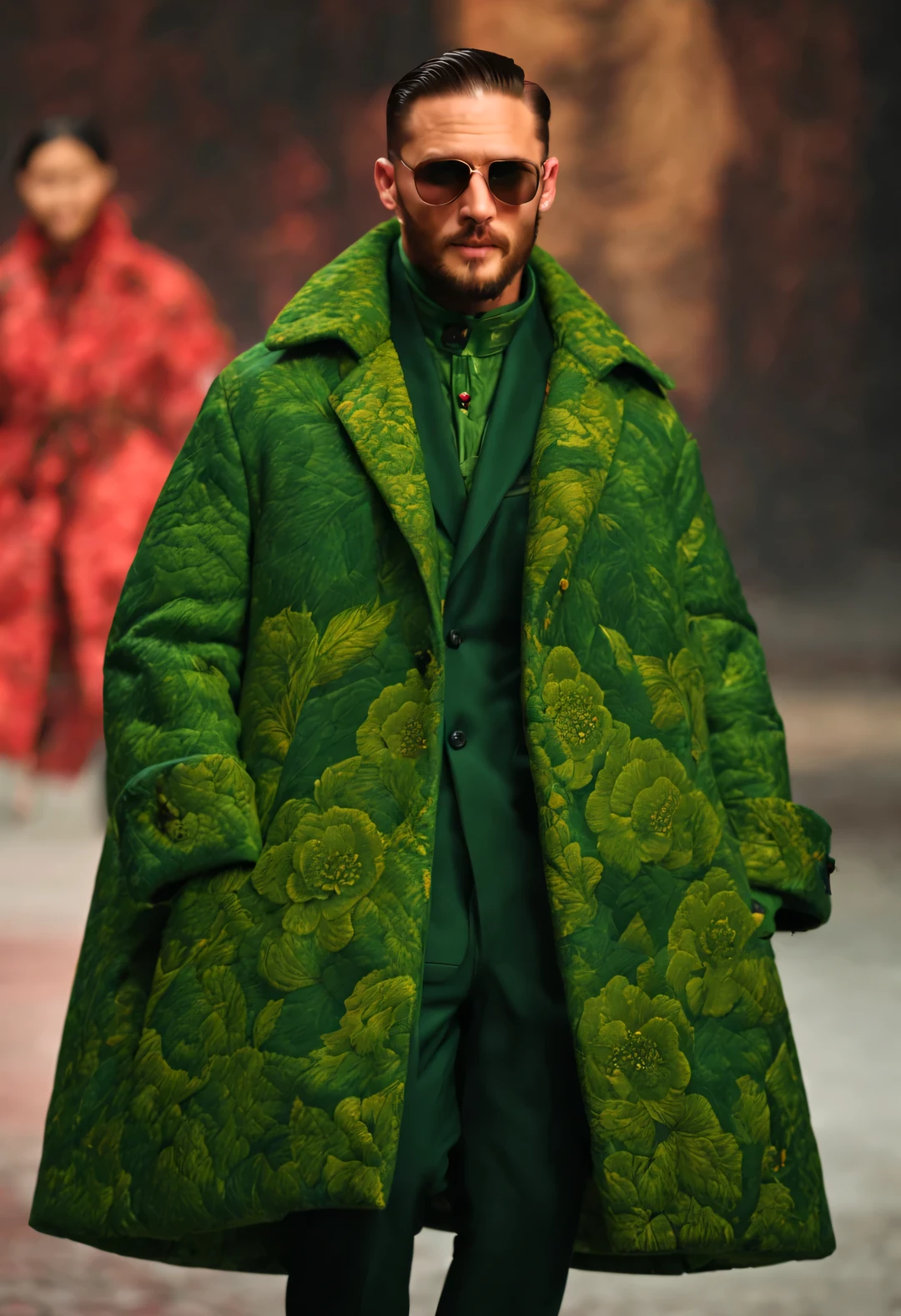 On the fashion show, Tom Hardy, Tall fit male model, (Wearing a thick cotton coat made of red and green peony cloth: 1.34), (Extra long cotton military coat: 0.65), Has warmth、Windproof cotton coat, peony flower, Leaves, Embroidery with Suzhou red and green peony pattern as the theme, (Tan fur coat collar), (tibetan shaman jewelry), complex mixed styles, (Gentlemanly manners), Embroidered Su Embroidery Big Red Parka Snow Coat, woolen hat, (exceed) coat jacket, big duckbill hat, (Black Sweater, winter scarf warm scarf), gloves gloves, belt, Cotton boots, sunglasses, Combat boots, sports shoes, big photography,
background: Fashion photos of street scenes in snowy weather, depth of field, Ultra-clear, super high quality, Bottom-to-top perspective,