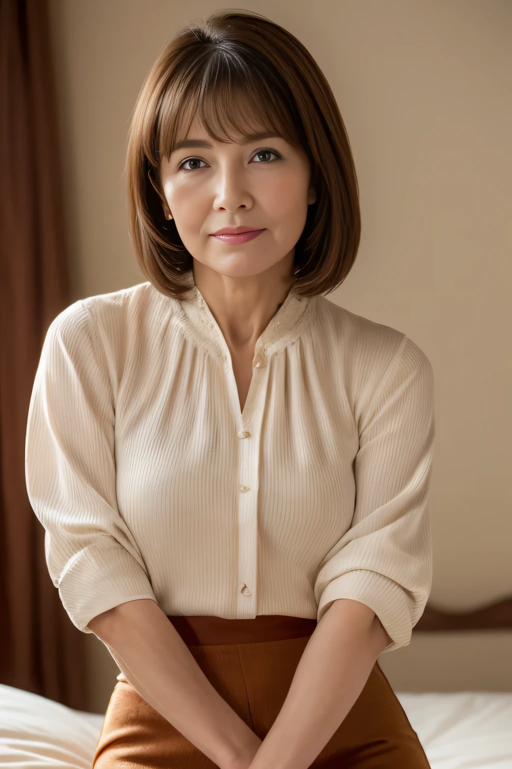 Browsing Caution, ((Highest quality)), ((8K)), ((masterpiece: 1.3)), (Perfect appearance), (Photorealism: 1.2), (KE), (JMA), (Standing woman), Japanese women, (38 years old), Married women, ((Realistic skin texture 1.8)), (Fine wrinkles appear all over the skin), (Dullness), (Unmoisturized skin) , (Facial wrinkles), (Wrinkles around the eyes), double eyelid, Lower eyelid tear trough, The eyes are looking here, Smile with your lips slightly open, (Dimples), The bangs are short, Short Hair, A kimono with a floral pattern on a light purple background, White tabi, Sandals, ((whole body)),