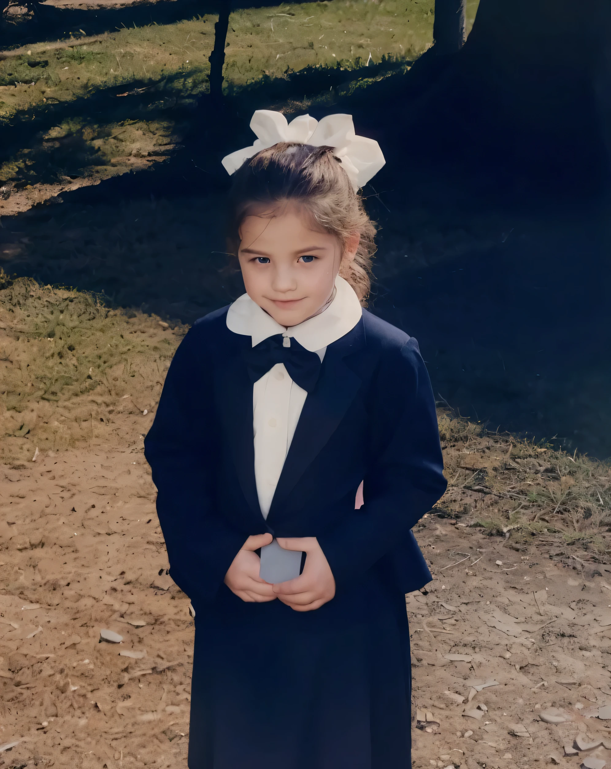 there is a young girl in a black dress and a white bow tie, as wednesday addams, wearing a , , wearing , girl wearing uniform, dressed as , in costume, girl in suit, wearing headmistress uniform, girl in a suit, in a fancy dress, magic , 1983