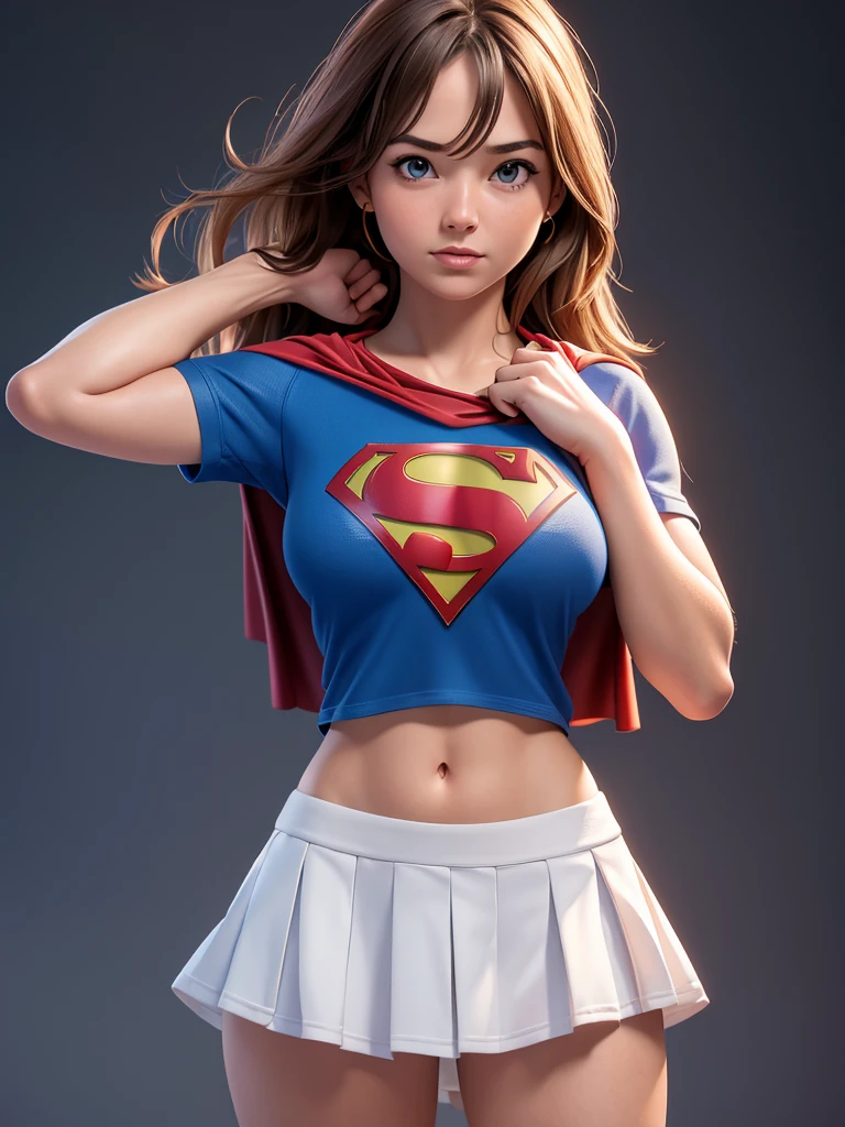 Best quality, masterpiece, ultra high res, (photorealistic:1.37), raw photo, 1girl, 30 years old. solo, Supergirl shirt lift, bare breasts