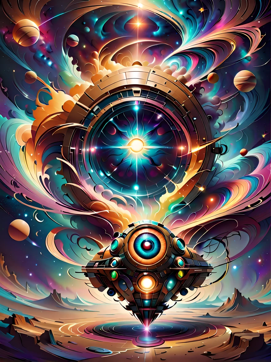 ((optical illusion art style:1.8)),combine eyes、starry sky、universe、galaxy、Ladder、technology、Elements such as machinery and chains,Create an optical illusion art piece。The composition should be sophisticated and sophisticated,Featuring geometric shapes and patterns,Connect these elements together in a way that creates a strong visual illusion。Artwork should have the eye as the central element,周围描绘universe和galaxy,并将先进technology和机械元素交织在一起。Ladder可能由链条或机械部件制成,Different parts of the image should be connected,Unaffected by gravity and perspective。The overall design should be mesmerizing,dazzle the viewer、Disorientation,Has a strong sense of optical illusion。