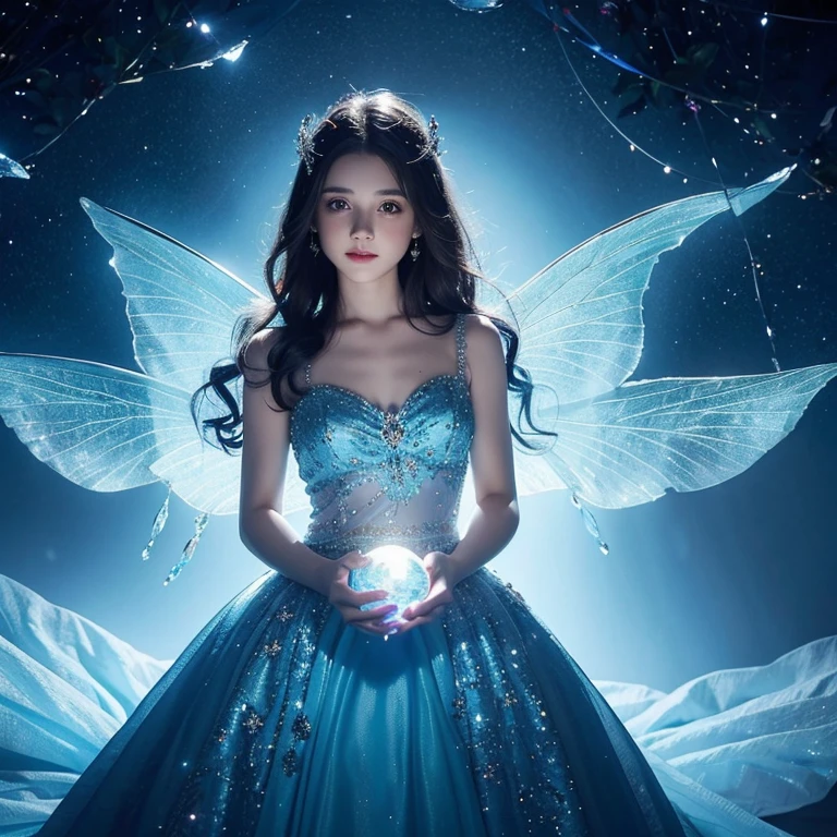 A cute girl,Wearing a blue gorgeous dress of a fairy princess,holding crystal ball in hand,Light shines on the crystal ball,The room is dark