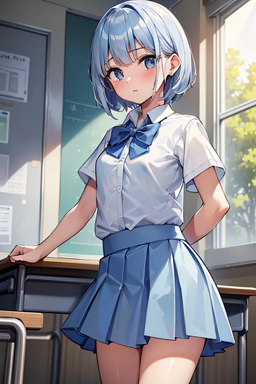 ((best quality)), (masterpiece), 1girl, age 18, (detailed eyes:1.2), student, uniform, white shirt, short sleeves, (small bowtie:1.5), untuckedshirt, (untucked shirt:1.5), layered skirt, (long light blue skirt:1.5), long skirt, white stocking, classroom, school, anime, 4k quality, (high resolution)