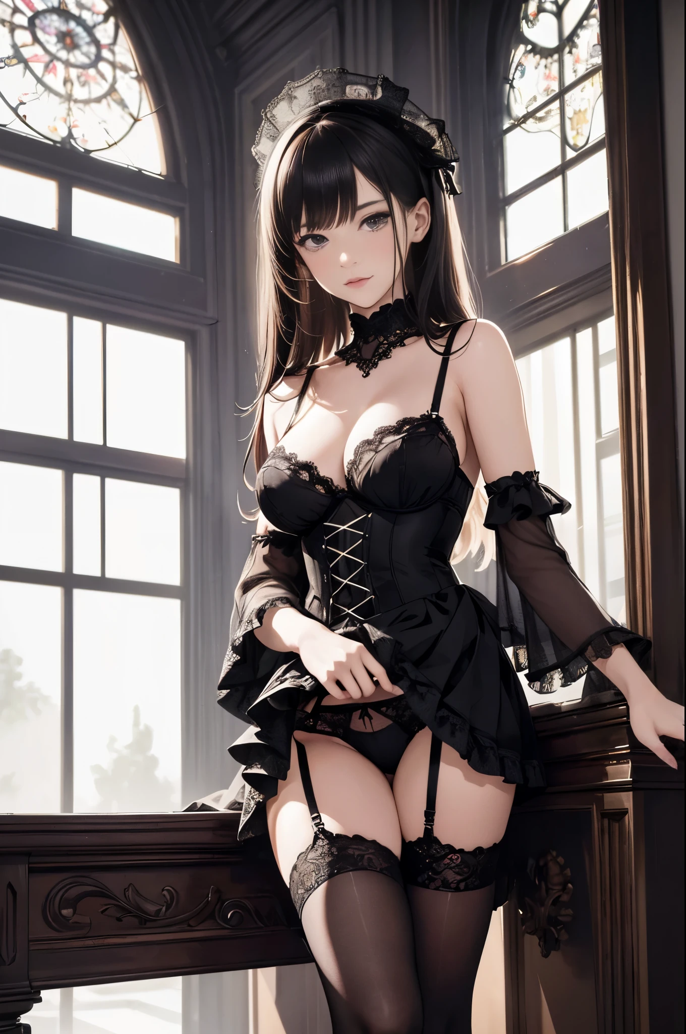 (masterpiece, best quality, highres, high resolution:1.2), extremely detailed, intricate details, 1girl, solo, looking at viewer, beautiful edgShg_woman, perfect edgShg_face, edgShg_body, garterbelt, garter straps, black lingerie, frilled skirt, thighhighs, (cinematic lighting, bloom, volumetric),