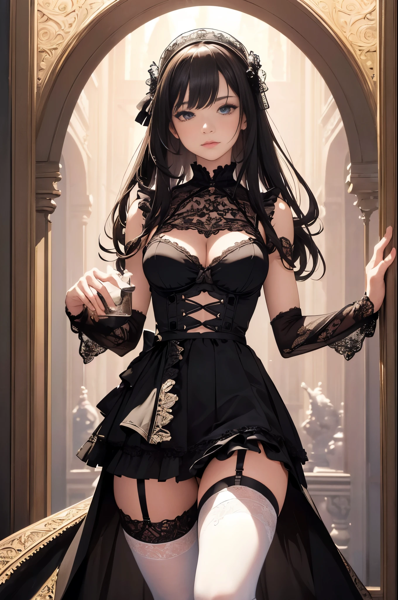 (masterpiece, best quality, highres, high resolution:1.2), extremely detailed, intricate details, 1girl, solo, looking at viewer, beautiful edgShg_woman, perfect edgShg_face, edgShg_body, garterbelt, garter straps, black lingerie, frilled skirt, thighhighs, (cinematic lighting, bloom, volumetric),