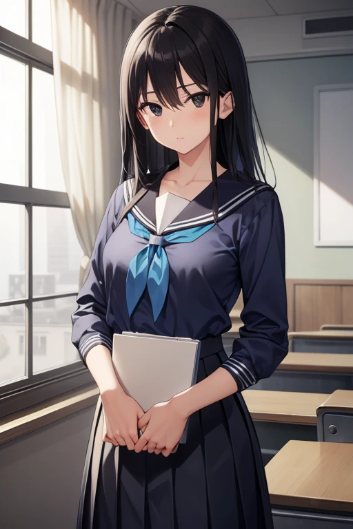 sakiyoshida, saki yoshida, long hair, hair between eyes, (black eyes:1.5), black hair,
BREAK skirt, pleated skirt, serafuku, shirt, (blue shirt:1.2), long sleeves, long skirt, blue skirt, blue sailor collar, sailor collar, neckerchief, red neckerchief,
BREAK indoors, classroom,
BREAK looking at viewer,
BREAK (masterpiece:1.2), best quality, high resolution, unity 8k wallpaper, (illustration:0.8), (beautiful detailed eyes:1.6), extremely detailed face, perfect lighting, extremely detailed CG, (perfect hands, perfect anatomy),
