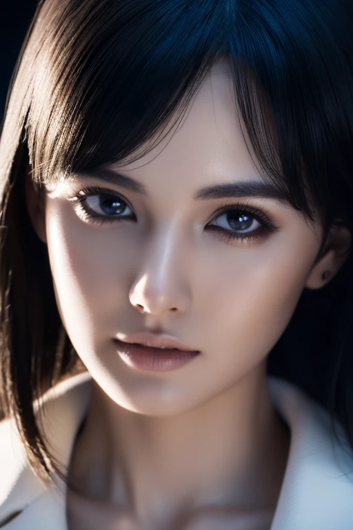 Beautiful girl with realistic black eyes, white skin, medium length black hair, perfect face, perfect eyes, wearing a coat, very detailed, comprehensive movie, digital painting, 8K, cinematic lighting, highest quality, High resolution, detailed work, Post-processing, perfect results, surreal,breast enhancement