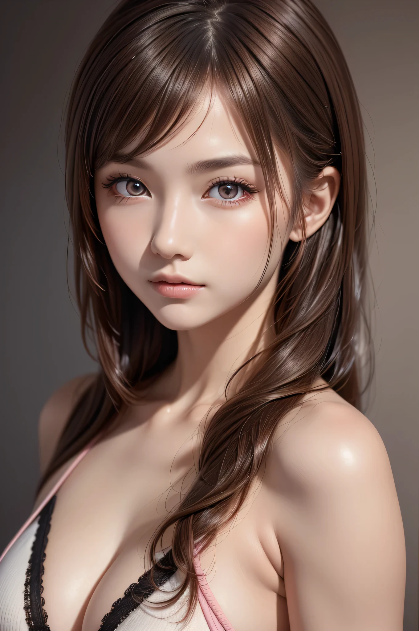 (1girl), Brown hair, Amazing face and eyes, Pink eyes, (amazingly beautiful girl), Brown hair, (Best Quality:1.4), (Ultra-detailed), (extremely detailed CG unified 8k wallpaper), Highly detailed, High-definition raw color photos, Professional Photography, depth of fields,