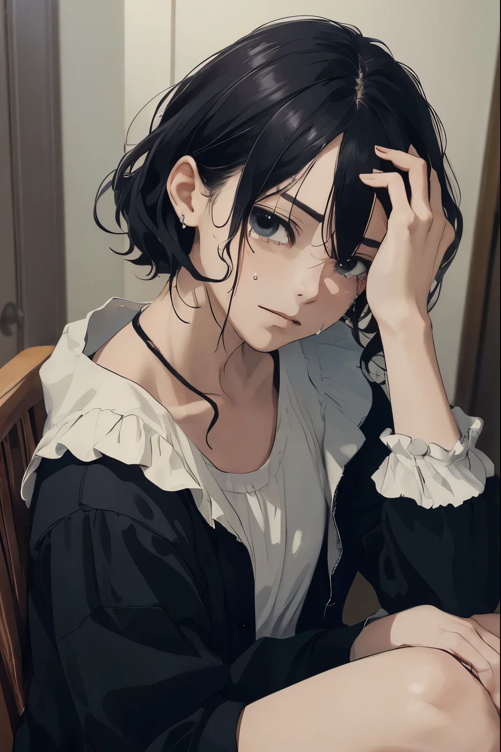 ((highest quality)), ((masterpiece)), (get used to it), perfect face is sad Are crying girl dark room one piece tears sitting look down anxious face Are crying black hair Face down