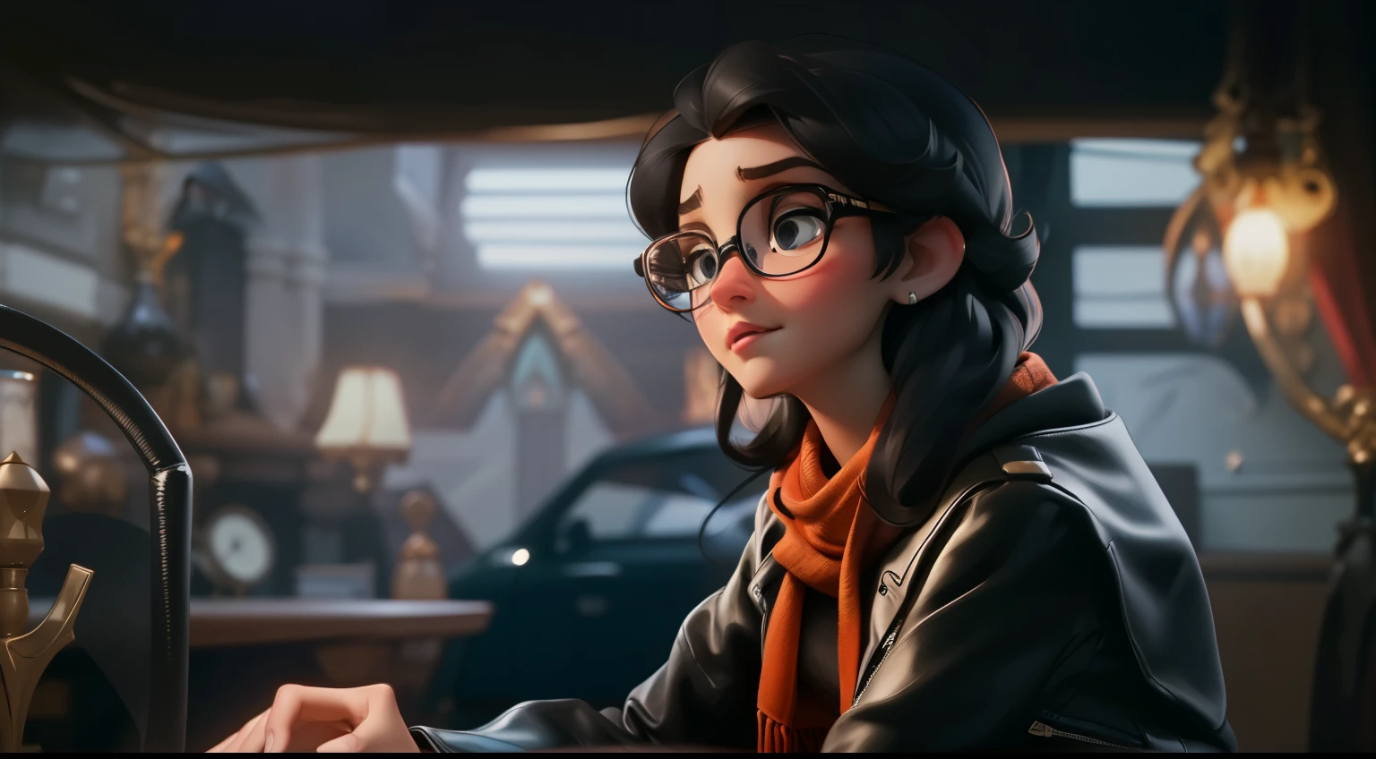1 female, aldult, Handsome, girl with glasses, Clear glasses, Slim figure, black eyes, black curly hair, Black leather jacket,Orange scarf unhappy, blurred background, indoors, profile , Glasses man