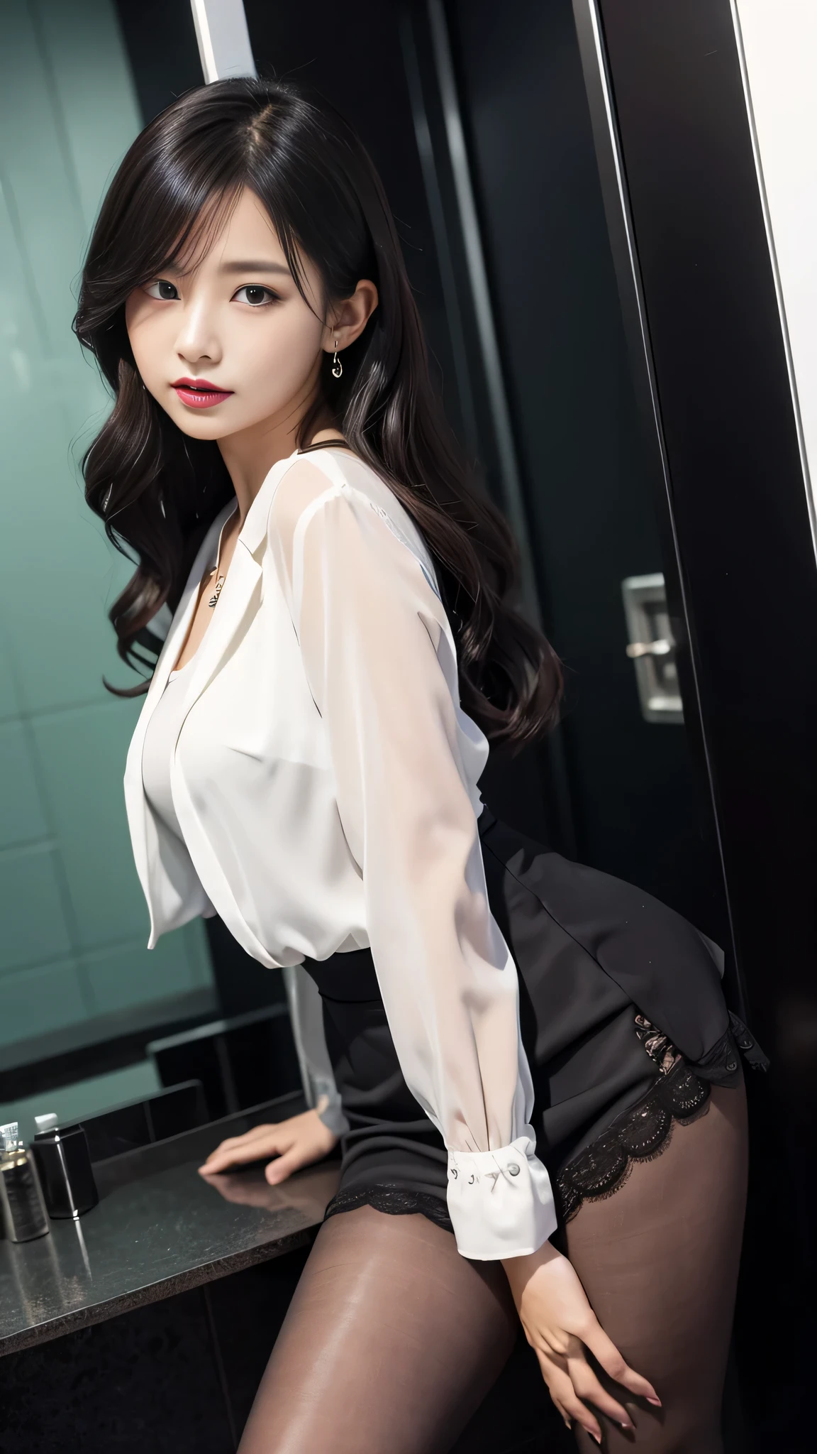 face is :9,1870450717], Elegant Female Teacher, Small panties and thighs、27yo、stature　162cm、Wearing small panties、Office Clothes, (Wearing a luxury silk blouse),Elegant slim beige blouse, japanaese girl, Neat and clean Japan woman, goddess of Japan, business clothes, Business attire, wearing in shirt, businesswoman, Silk, cream colored blouse, Wearing an ultra-thin shirt, silky garment, wearing business casual dress, Wearing a business suit, business outfit, formal clothes, Raw photo, (in 8K、top-quality、​masterpiece:1.2)、(intricate detailes:1.4)、(Photorealsitic:1.4)、octane renderings、Complex 3D rendering ultra detail, Studio Soft Light, Rim Lights, vibrant detail, super detailing, realistic skin textures, Detail Face, Beautiful detail eyes, Very detailed CG Unity 16k wallpaper, make - up, (detailedbackground:1.2),　shinny skin、Exposed thighs!!!、high-heels、